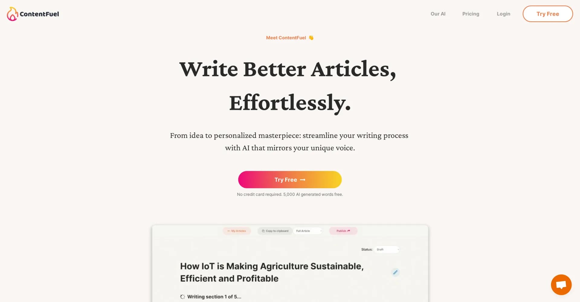 ContentFuel homepage screenshot — AI assistant turns clicks into personalized articles.