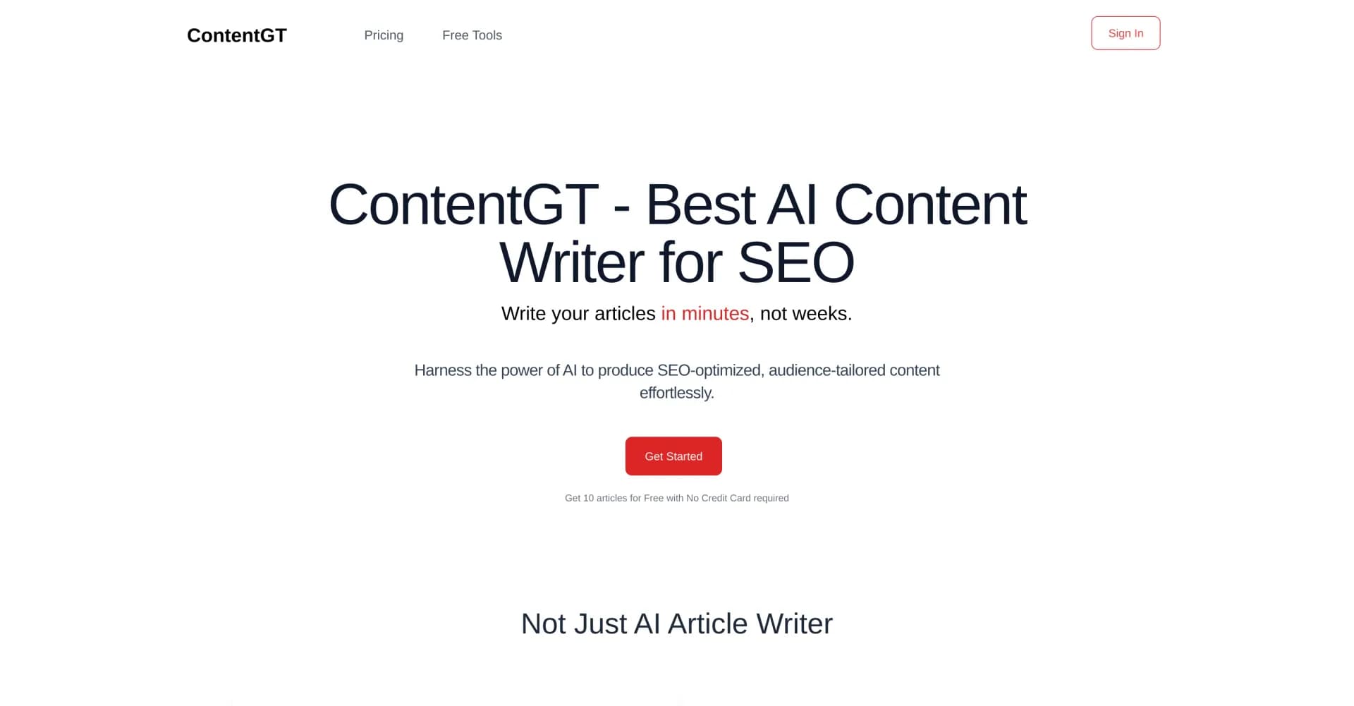 ContentGT homepage screenshot — Write SEO-optimized articles in minutes with AI