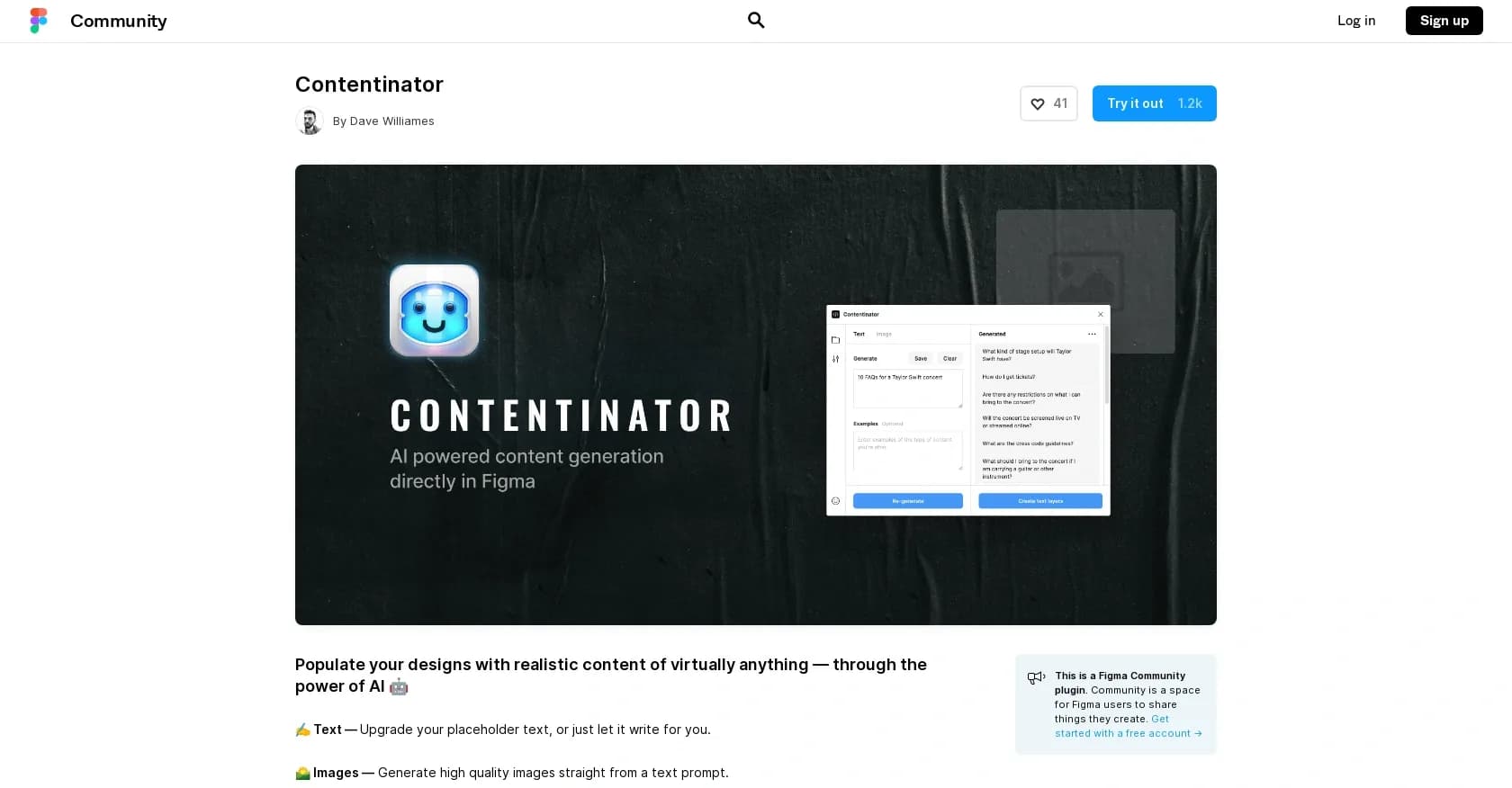 Contentinator homepage screenshot — Populate designs with AI-generated content.