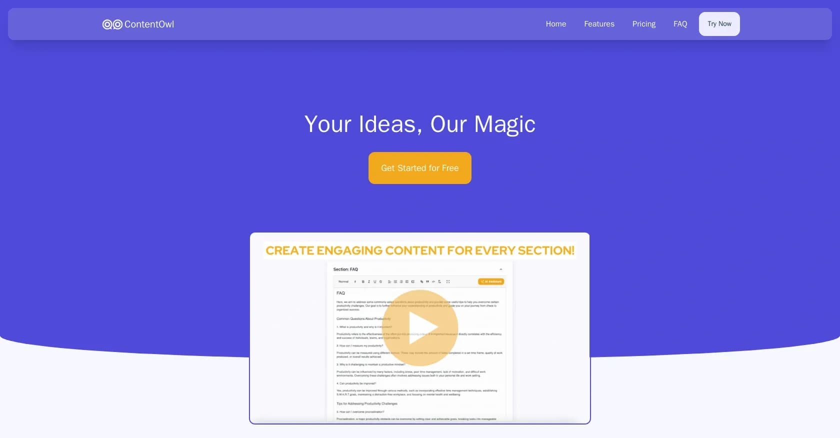 ContentOwl homepage screenshot — Your AI-powered content creation wizard