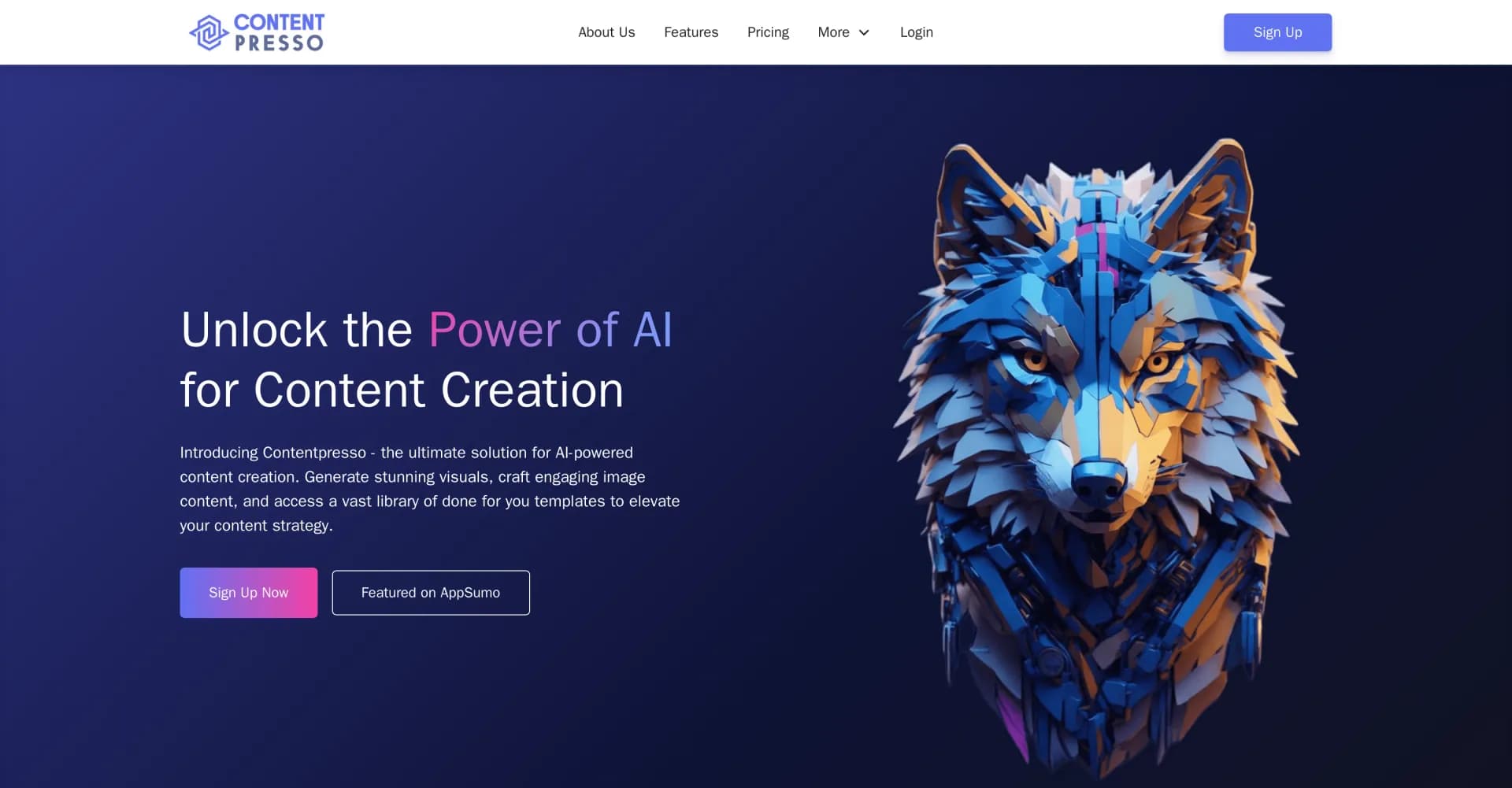 Contentpresso homepage screenshot — AI-powered content creation for stunning visuals.