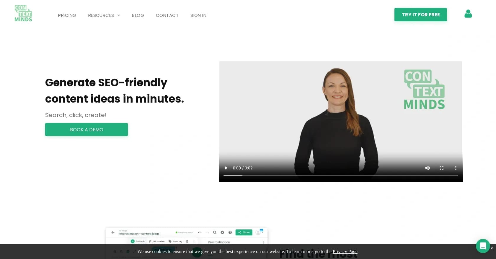 ContextMinds homepage screenshot — Generate SEO-friendly content ideas in minutes.