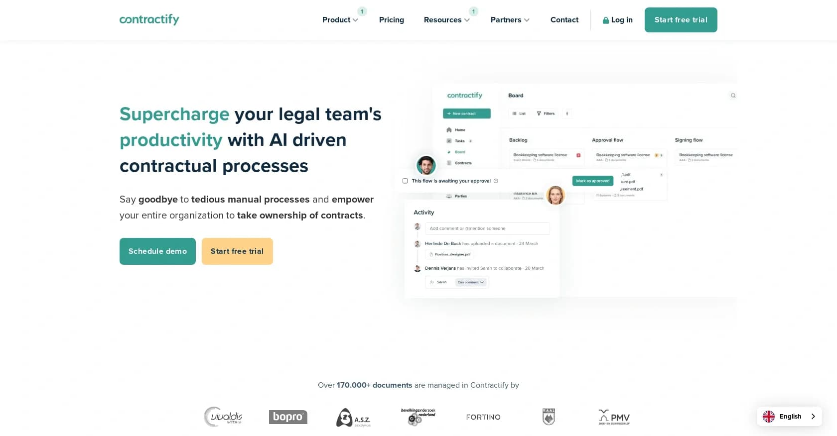 Contractify homepage screenshot — Simplify contract management with AI-driven processes.