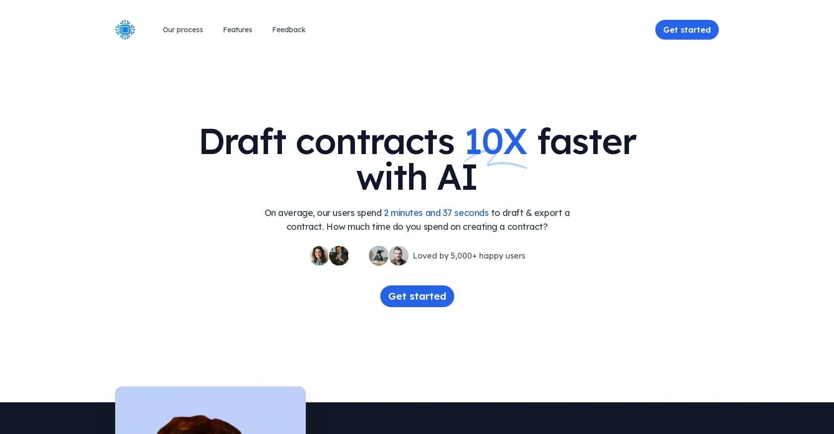 Contractiq homepage screenshot — Draft contracts 10x faster with AI