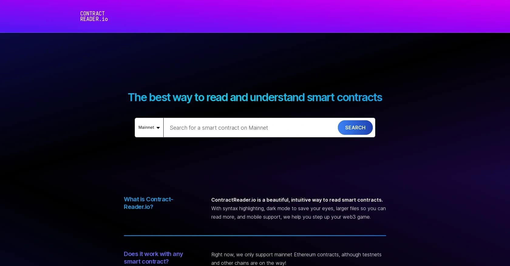 ContractReader homepage screenshot — Read and understand smart contracts beautifully.