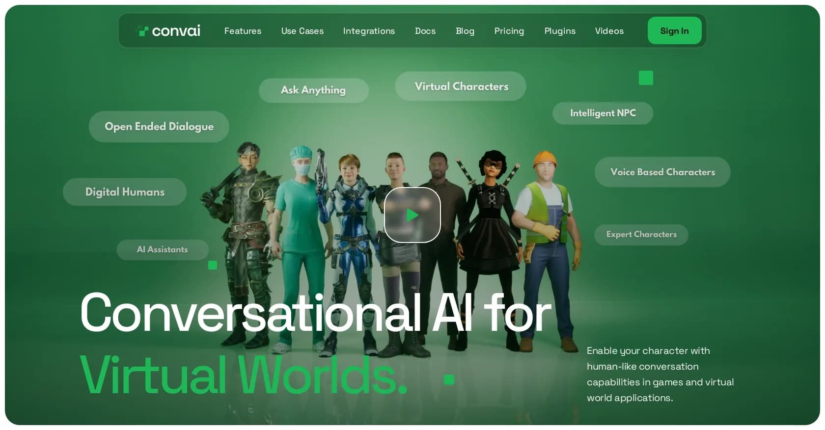 Convai homepage screenshot — Bring virtual characters to life with human-like conversatio