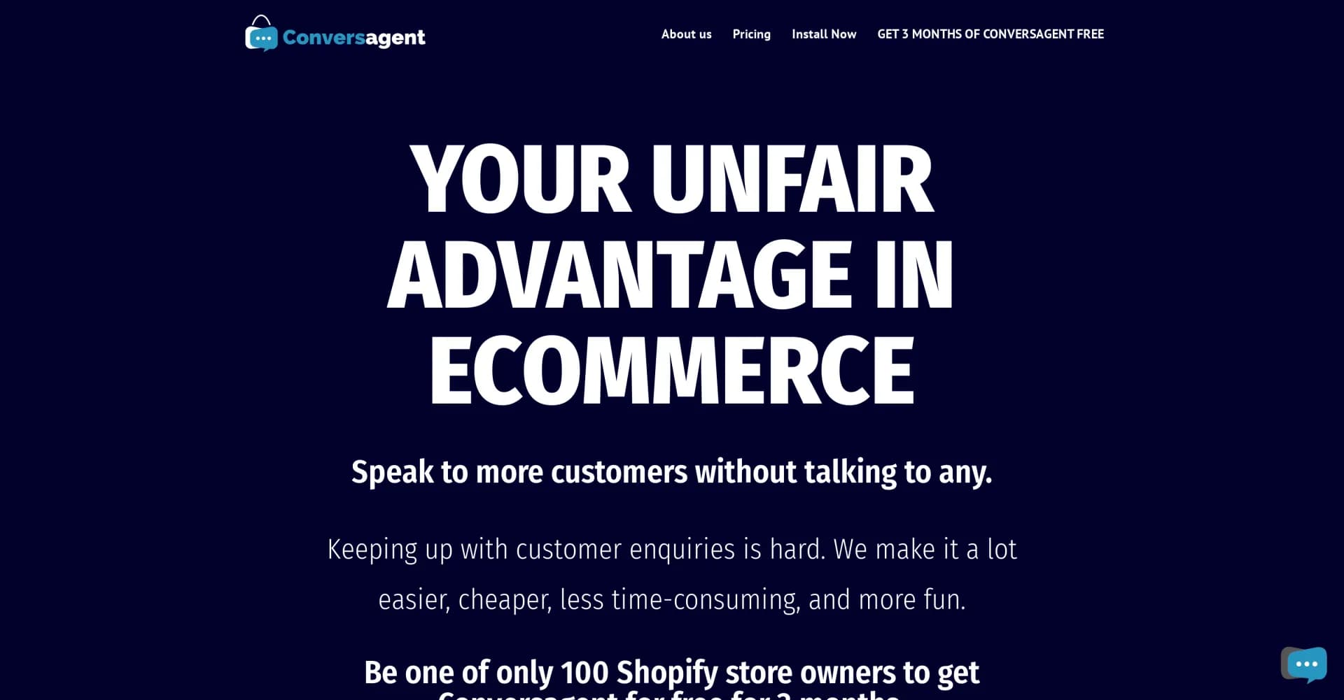 Conversagent homepage screenshot — AI-powered customer service for E-commerce stores