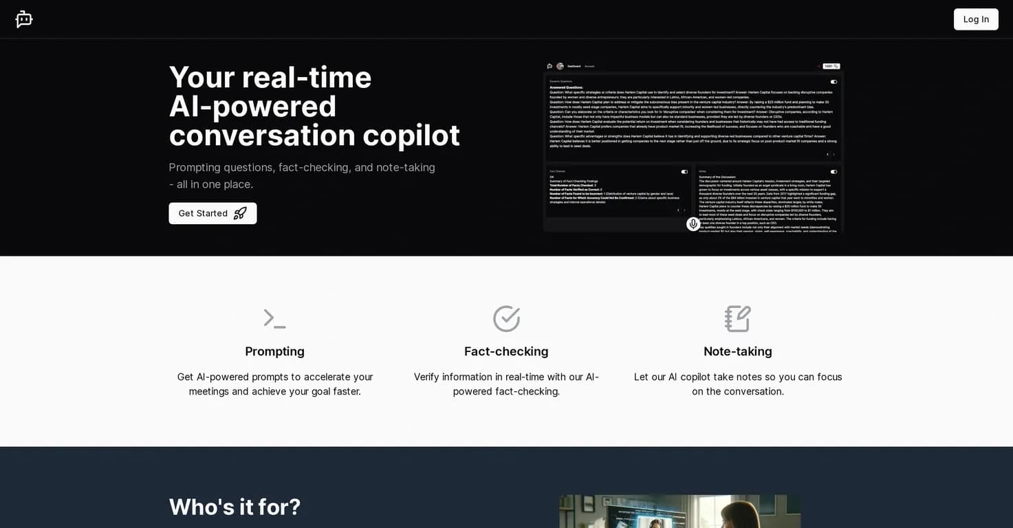 ConversAItions homepage screenshot — AI-powered conversation copilot for real-time support.
