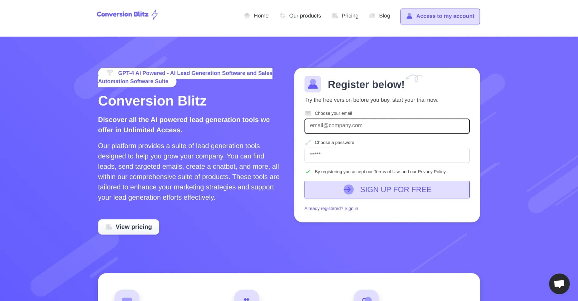 Conversion Blitz homepage screenshot — Boost your sales pipeline with AI lead generation software.