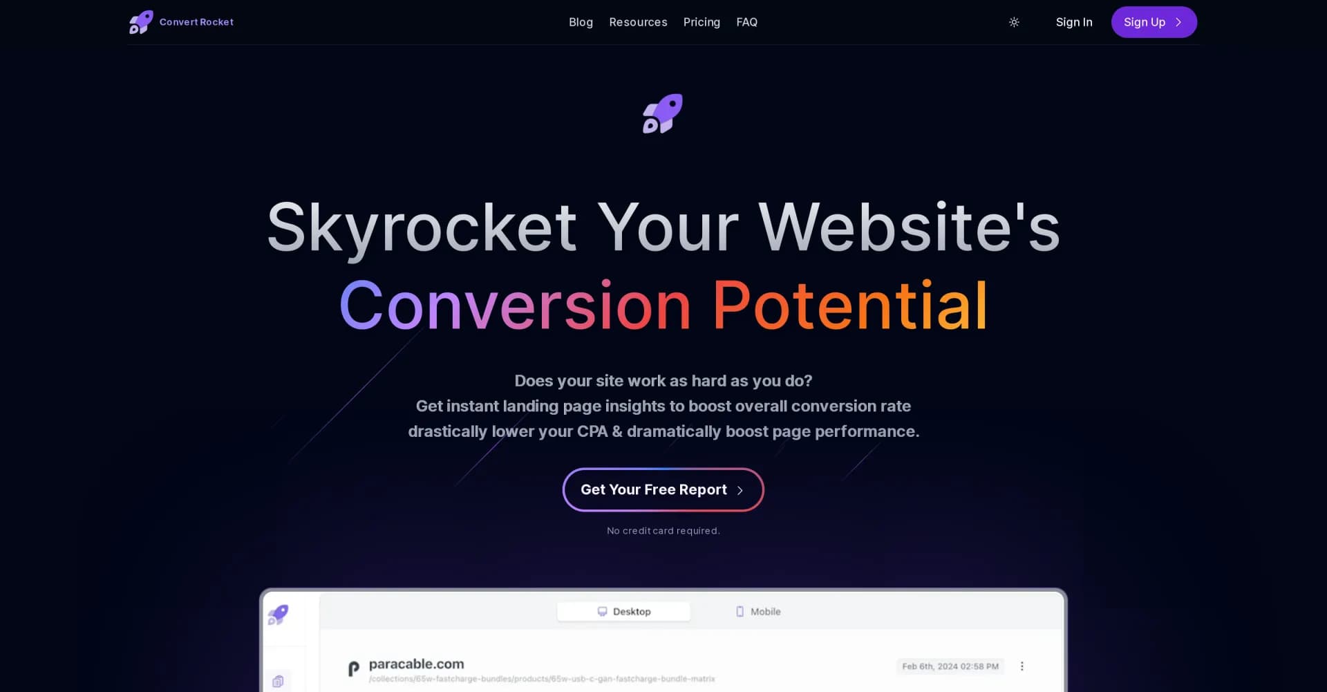 ConvertRocket homepage screenshot — Skyrocket your website's conversion potential
