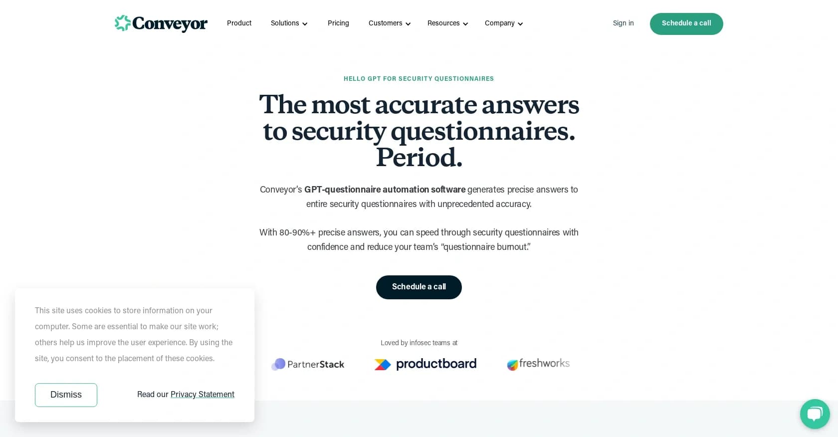 Conveyor homepage screenshot — GPT-powered security questionnaire automation with unmatched