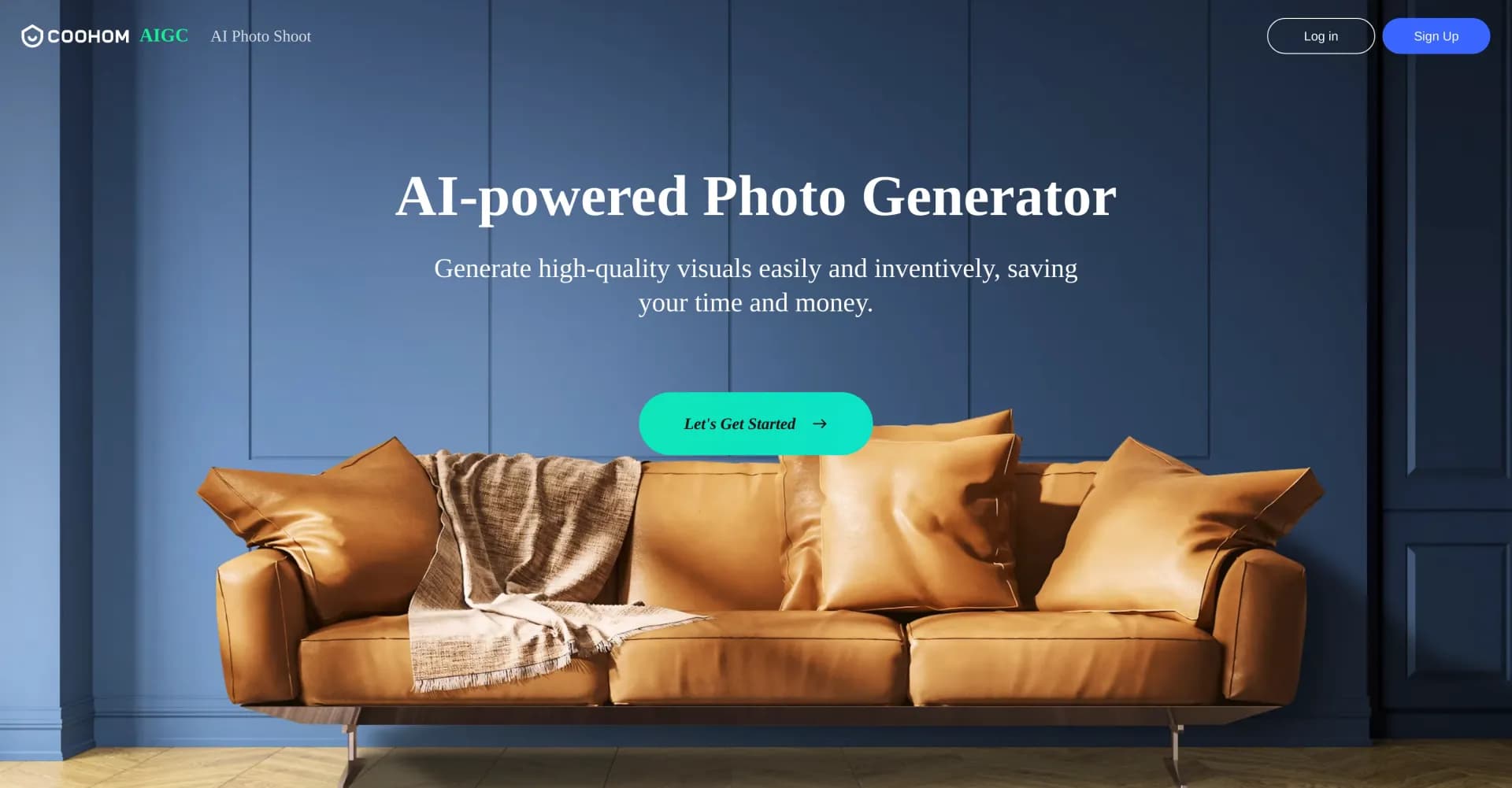 CooHom homepage screenshot — AI-powered visuals in seconds