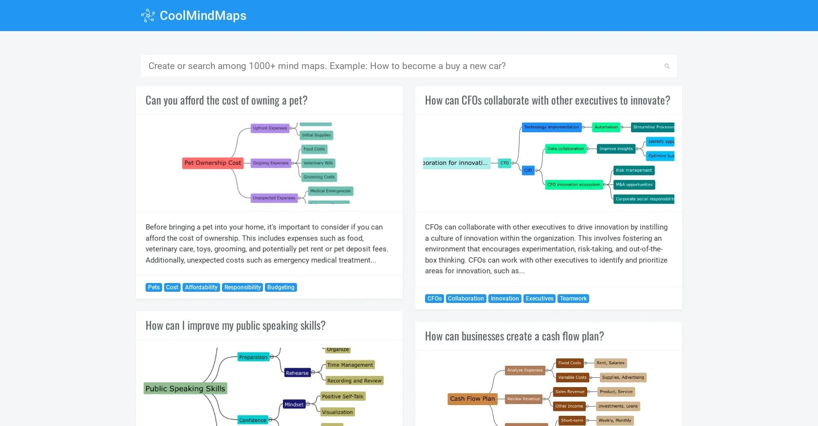 Coolmindmaps homepage screenshot — Create and search cool mind maps instantly.