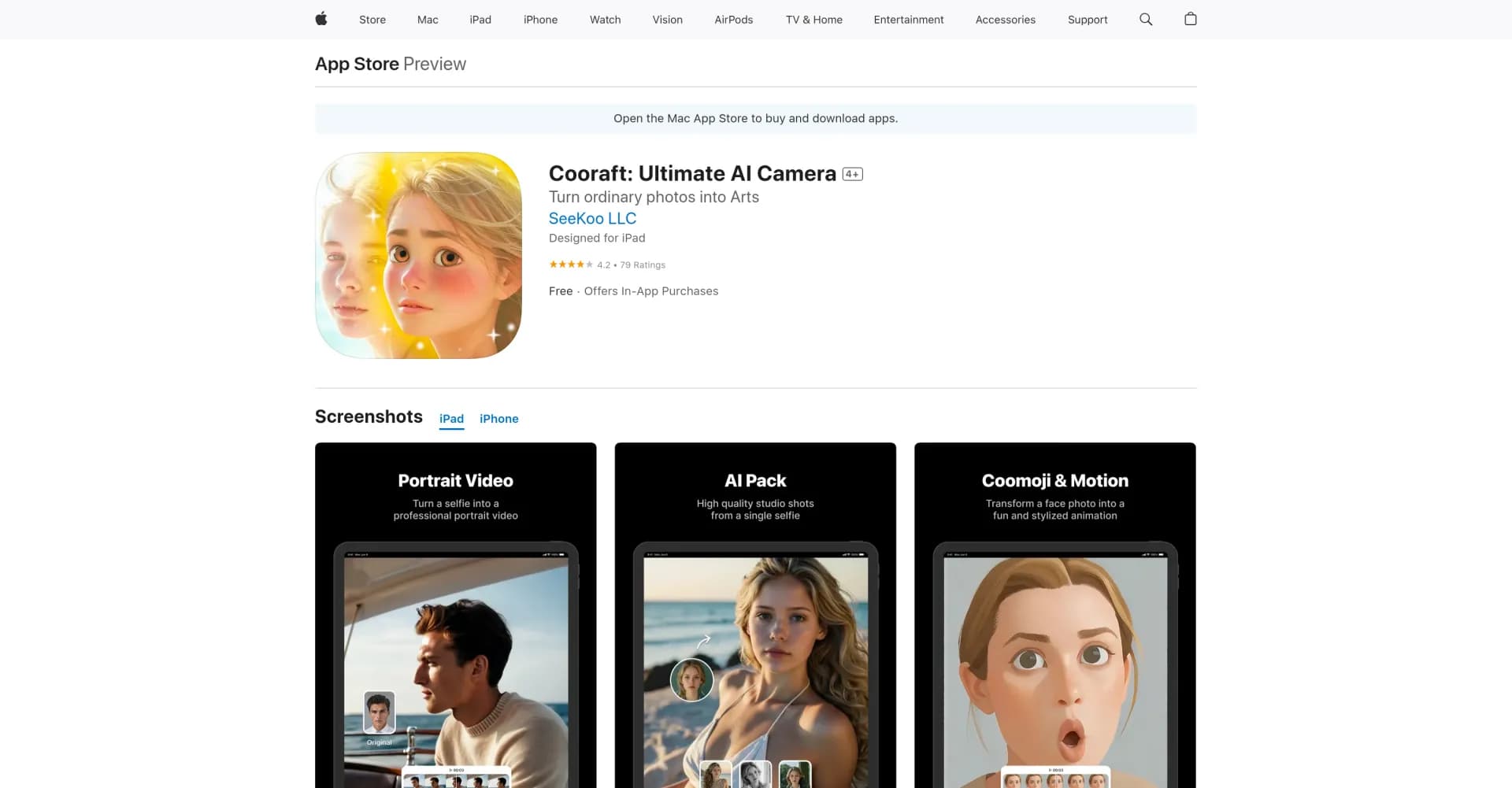 Cooraft: Ultimate AI Camera homepage screenshot — Transform selfies into stunning studio shots with AI.