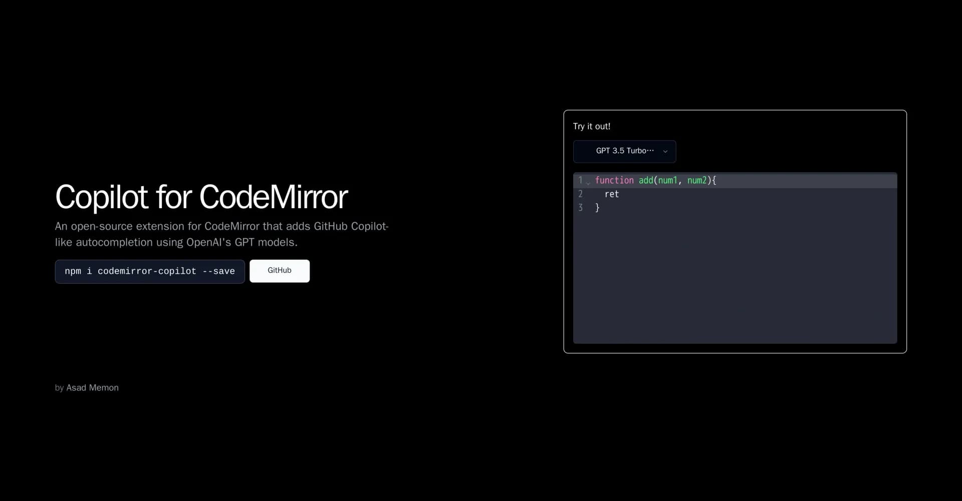 Copilot for CodeMirror homepage screenshot — AI-powered code autocompletion for CodeMirror