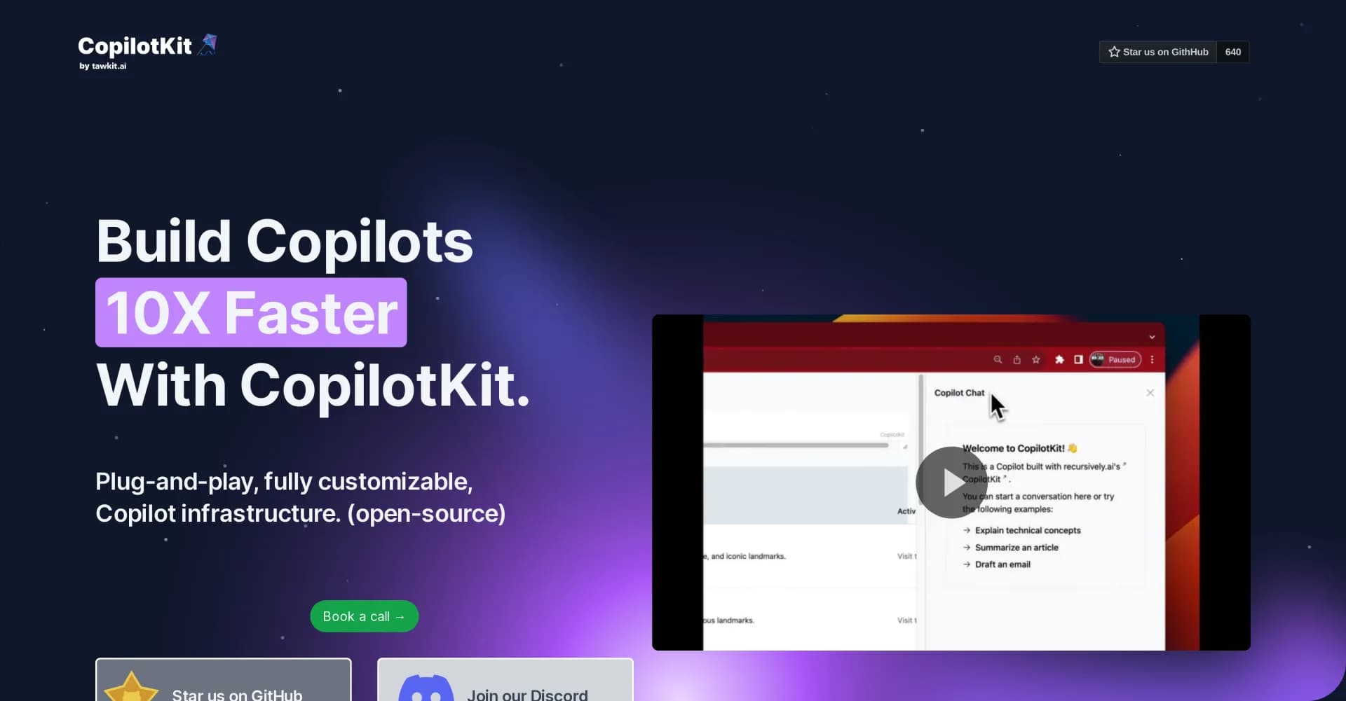 CopilotKit by TawkitAI homepage screenshot — Build copilots 10x faster with plug-and-play infrastructure.