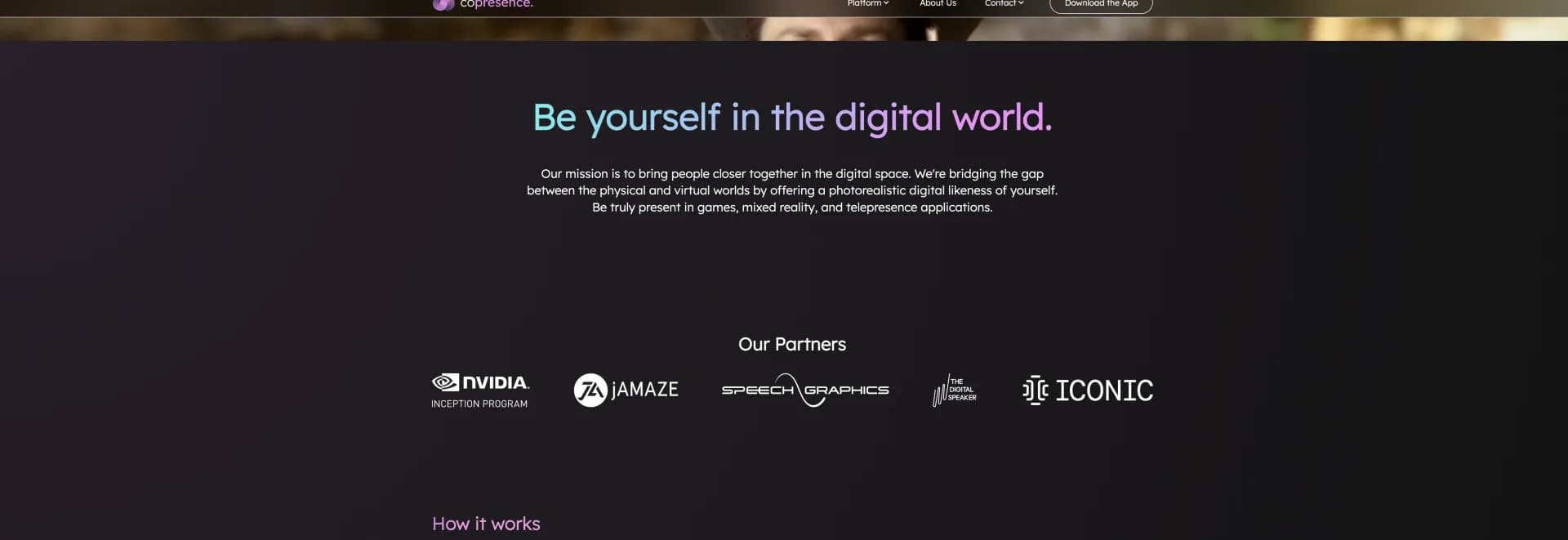 Copresence homepage screenshot — Create your digital self in minutes.