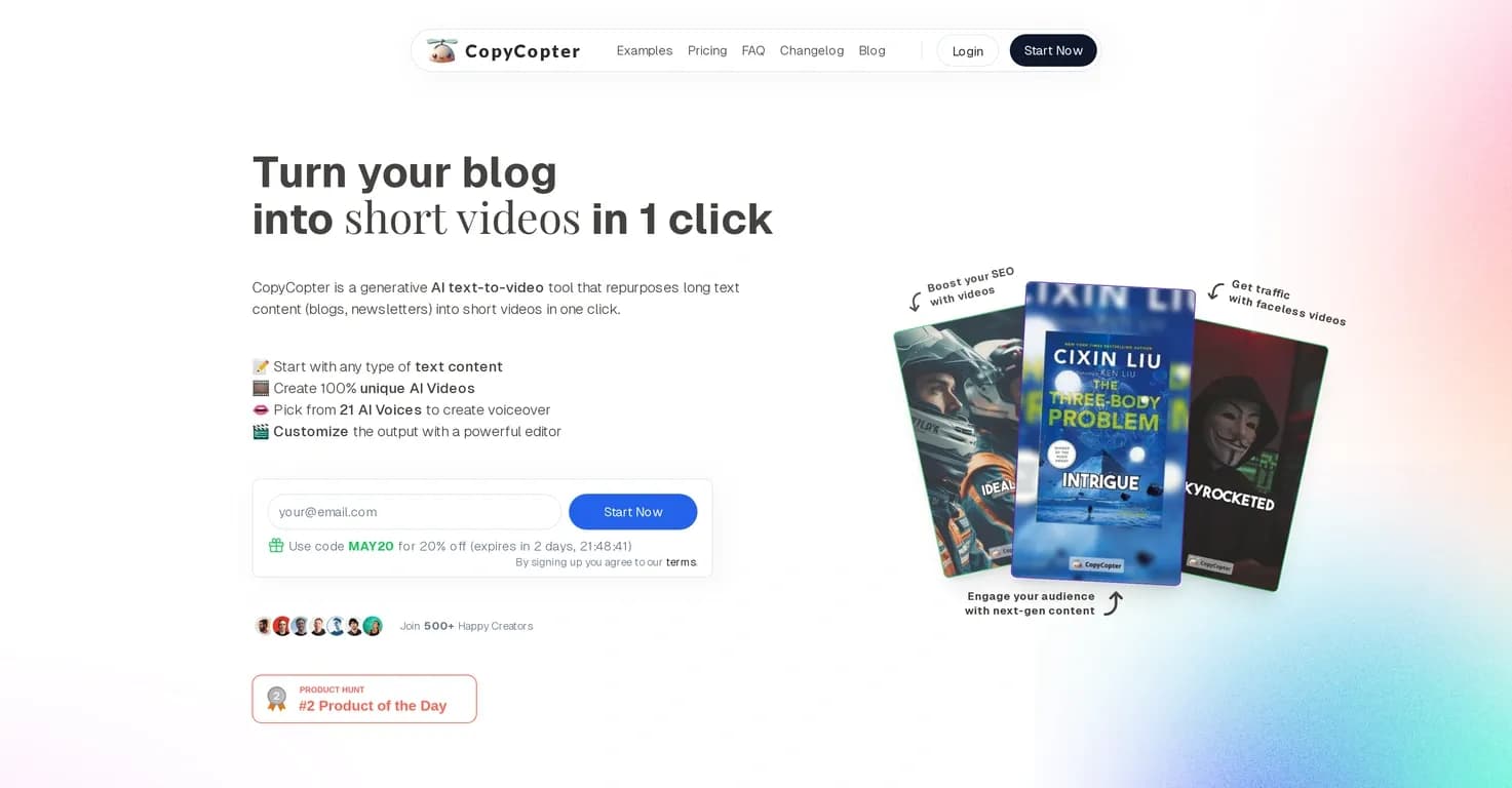 CopyCopter homepage screenshot — Turn your blog into short videos in 1 click