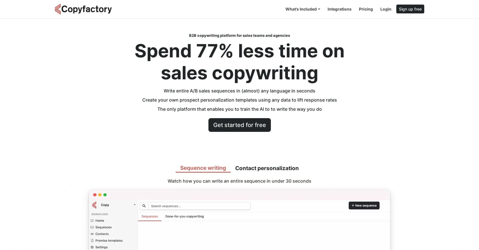 Copyfactory homepage screenshot — AI-powered copywriting for sales teams