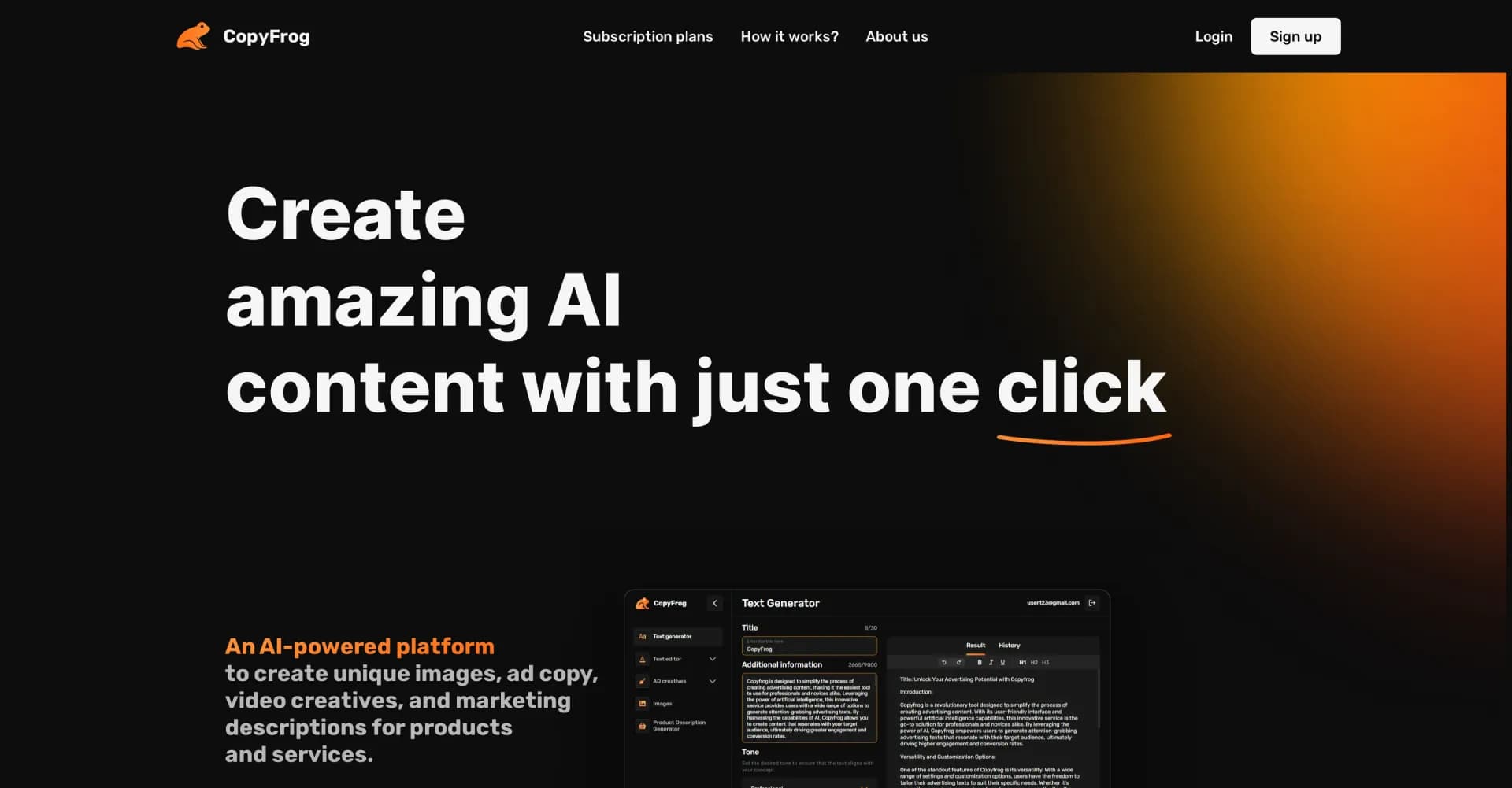 CopyFrog homepage screenshot — Create amazing AI content with just one click.