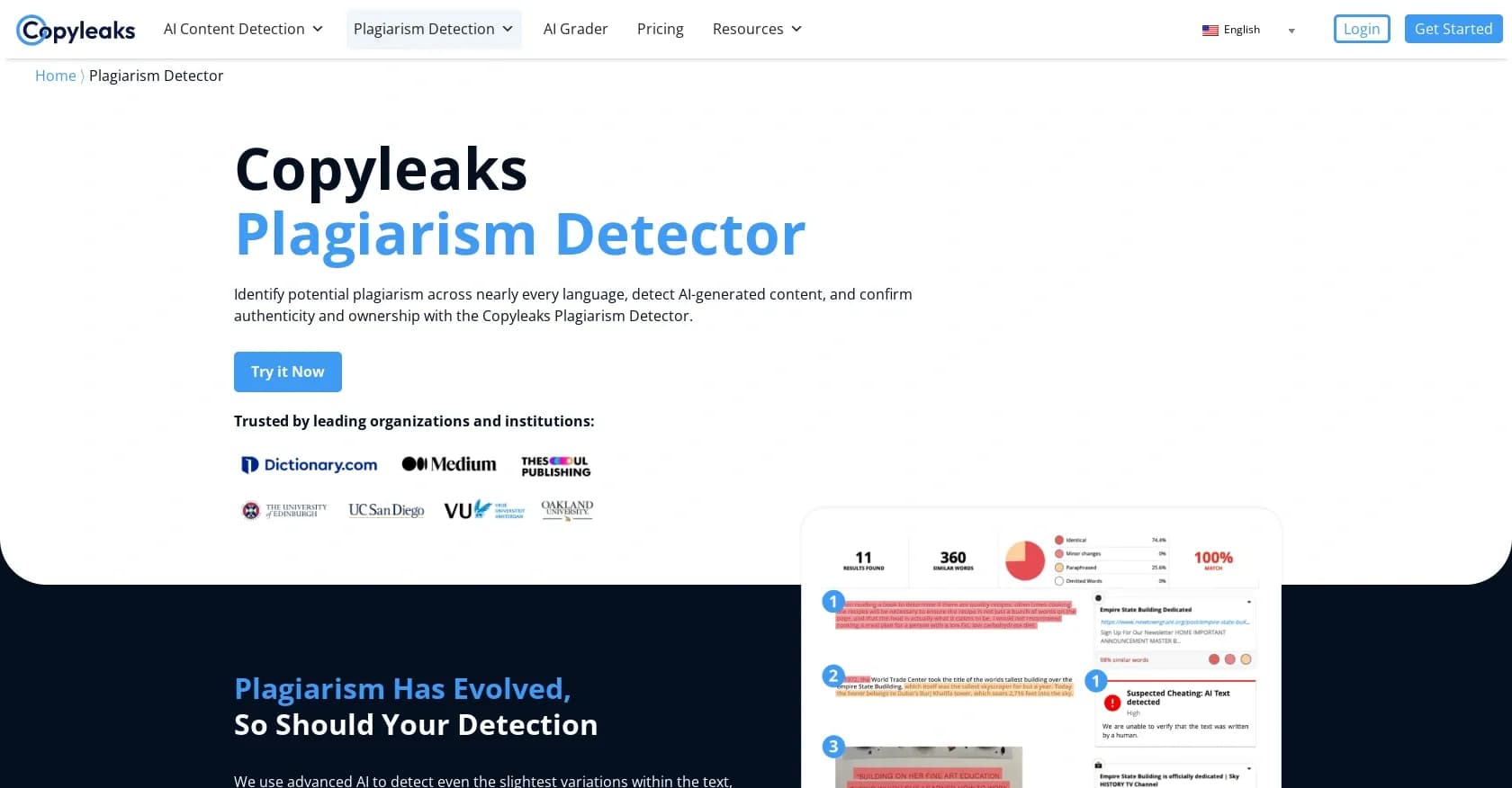 Copyleaks - Plagiarism detector homepage screenshot — Instantly detect plagiarism and AI-generated content.