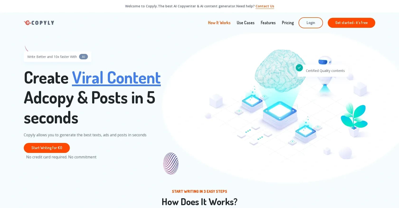 Copyly homepage screenshot — Create viral content and ads in seconds with AI