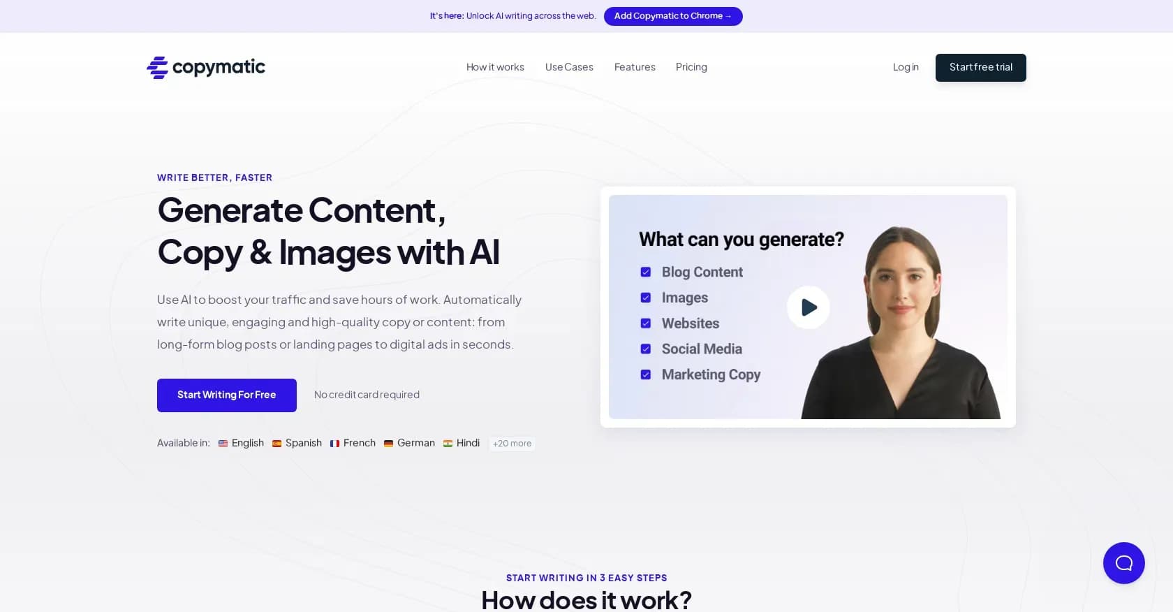 Copymatic homepage screenshot — Generate content, copy & images with AI