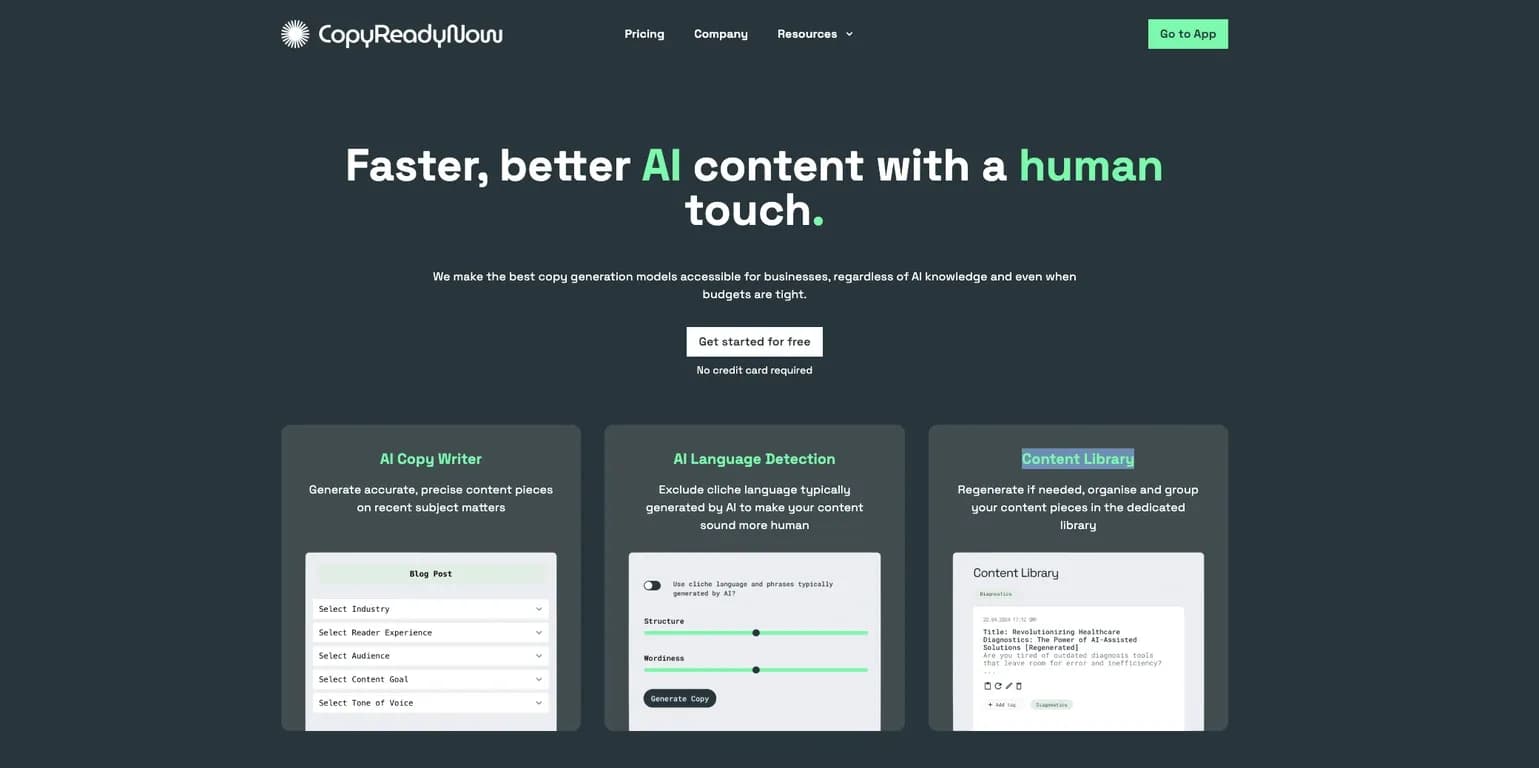 CopyReadyNow homepage screenshot — Produce faster, better AI content with a human touch.