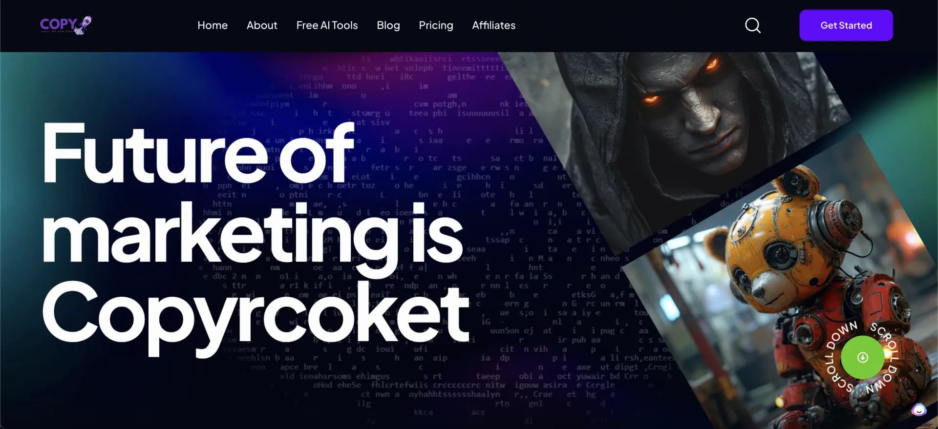 Copyrocket AI Assistant homepage screenshot — Generate AI Images, Content, Blogs, Code, Voiceovers, PDF an