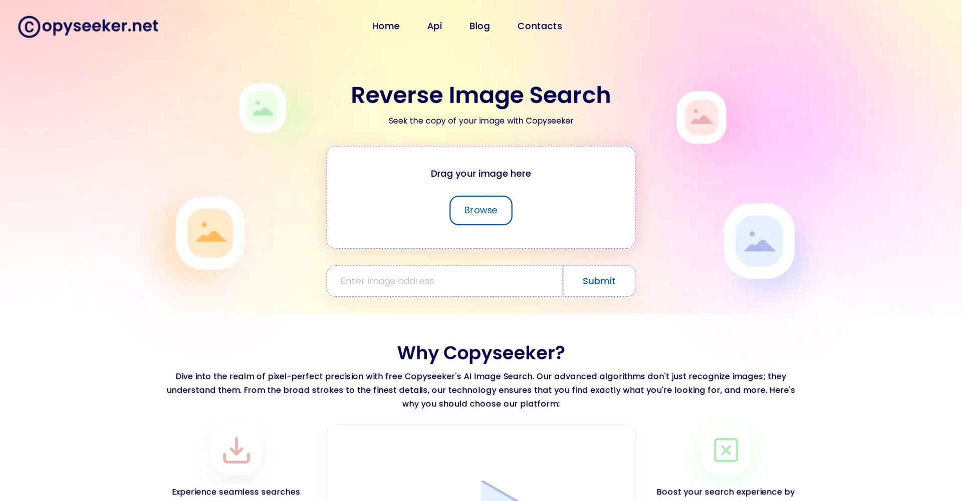 Copyseeker homepage screenshot — Seek image copies with AI precision