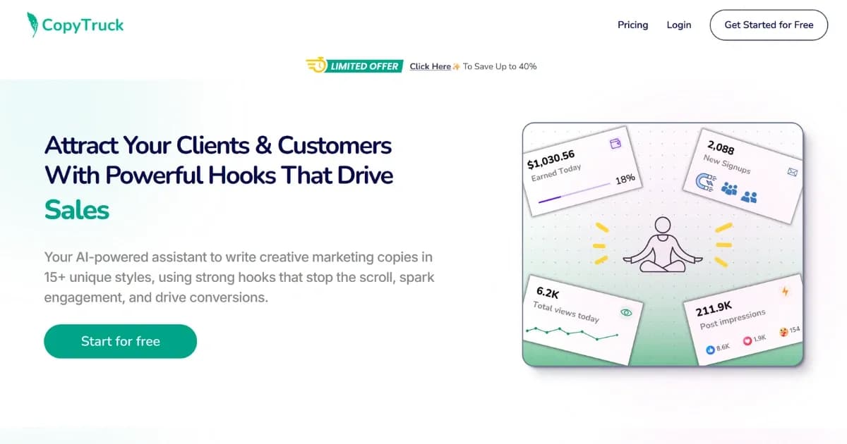 CopyTruck homepage screenshot — 1-click creative marketing content in 15+ unique styles