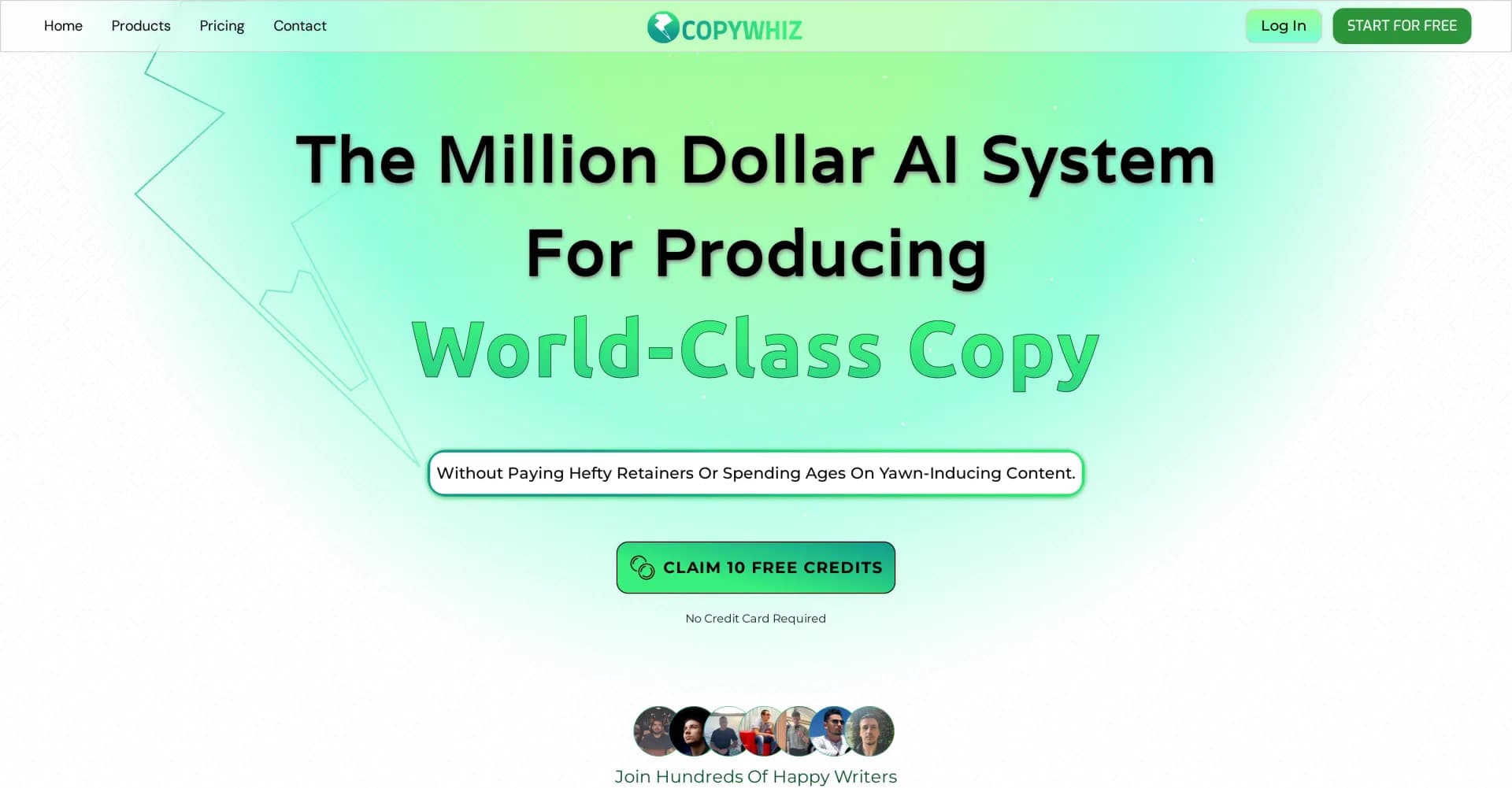 Copywhiz.ai homepage screenshot — Generate world-class copy in seconds