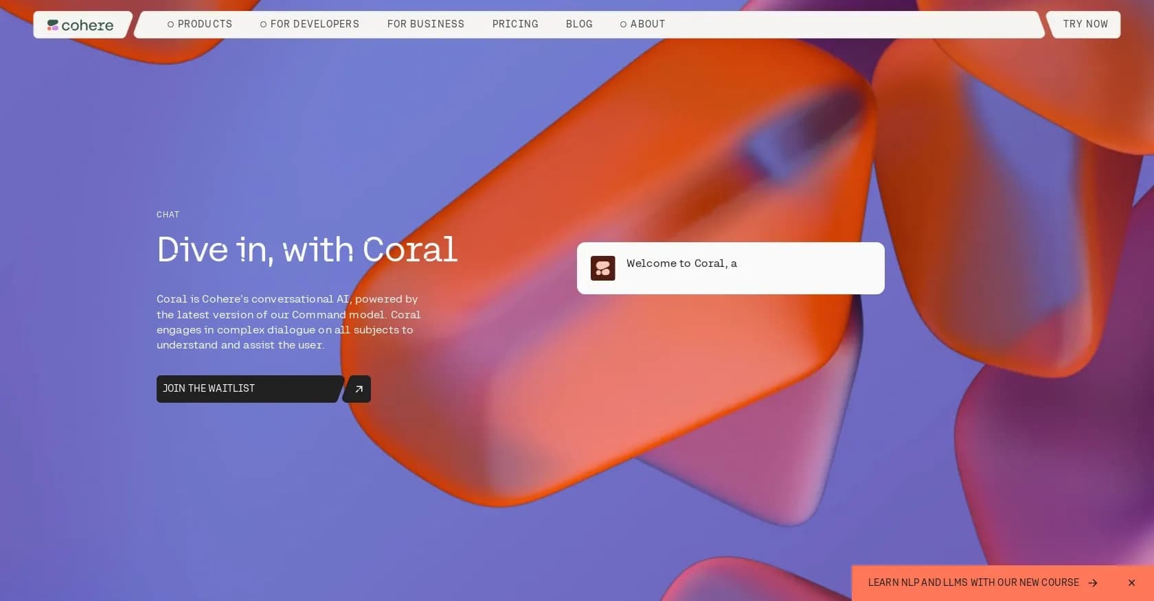 Coral homepage screenshot — Converse with Cohere's advanced AI model.