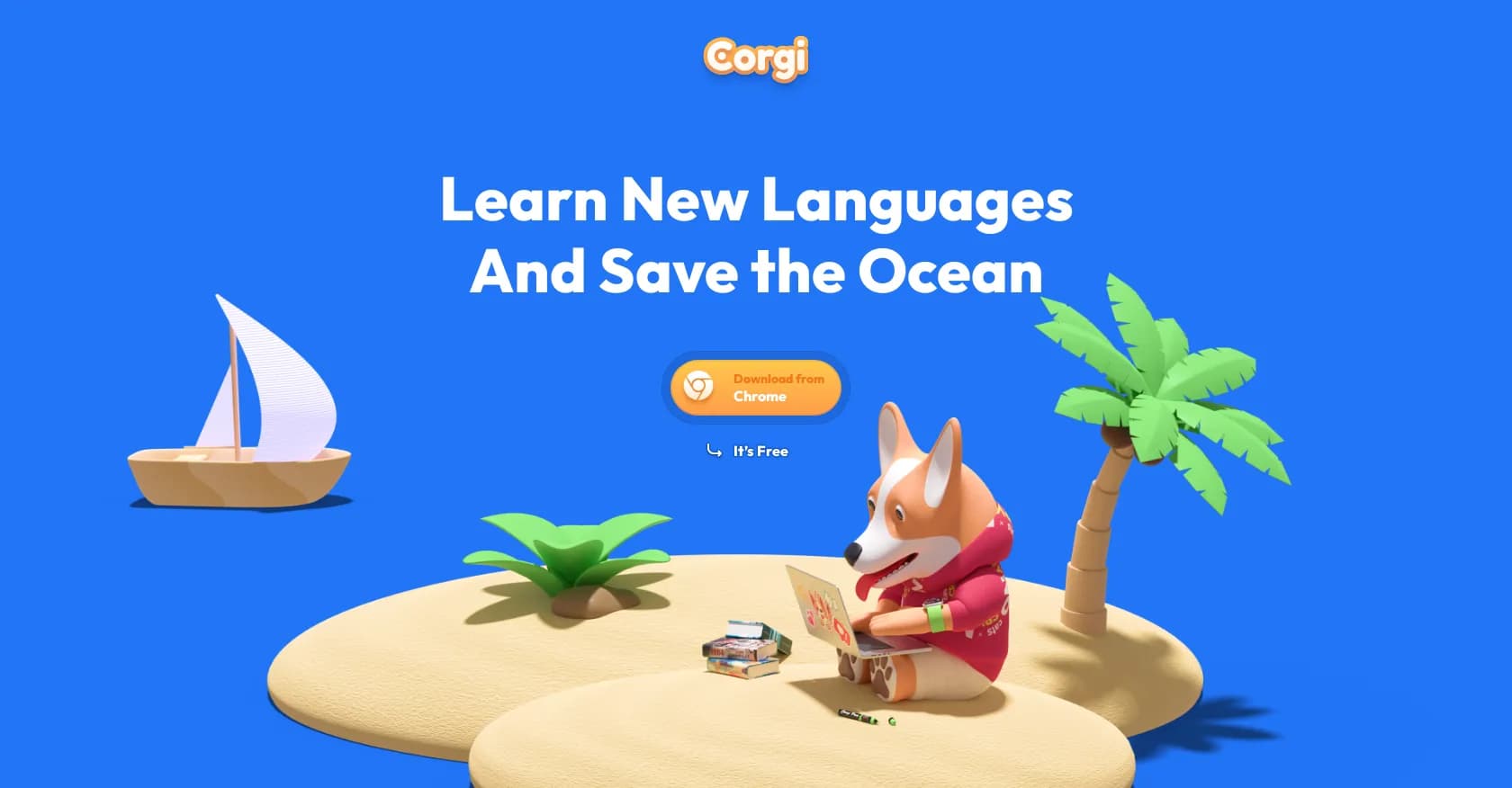 Corgi homepage screenshot — Learn languages while saving oceans.
