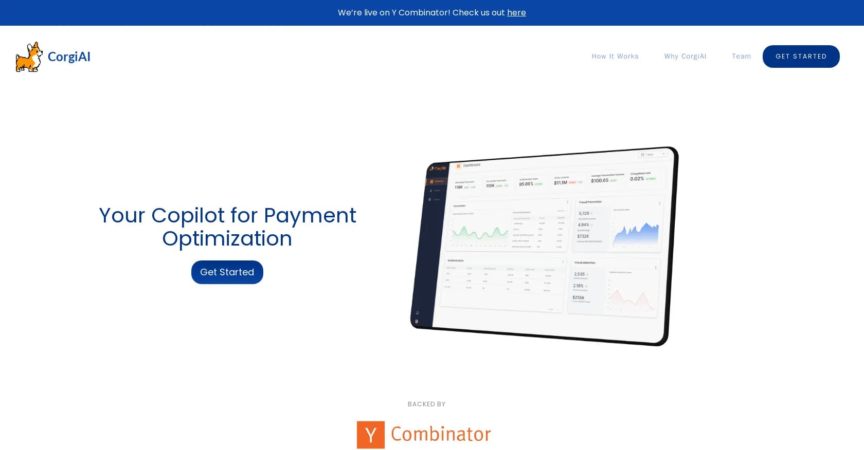 CorgiLabs homepage screenshot — Unblock revenue with AI fraud prevention