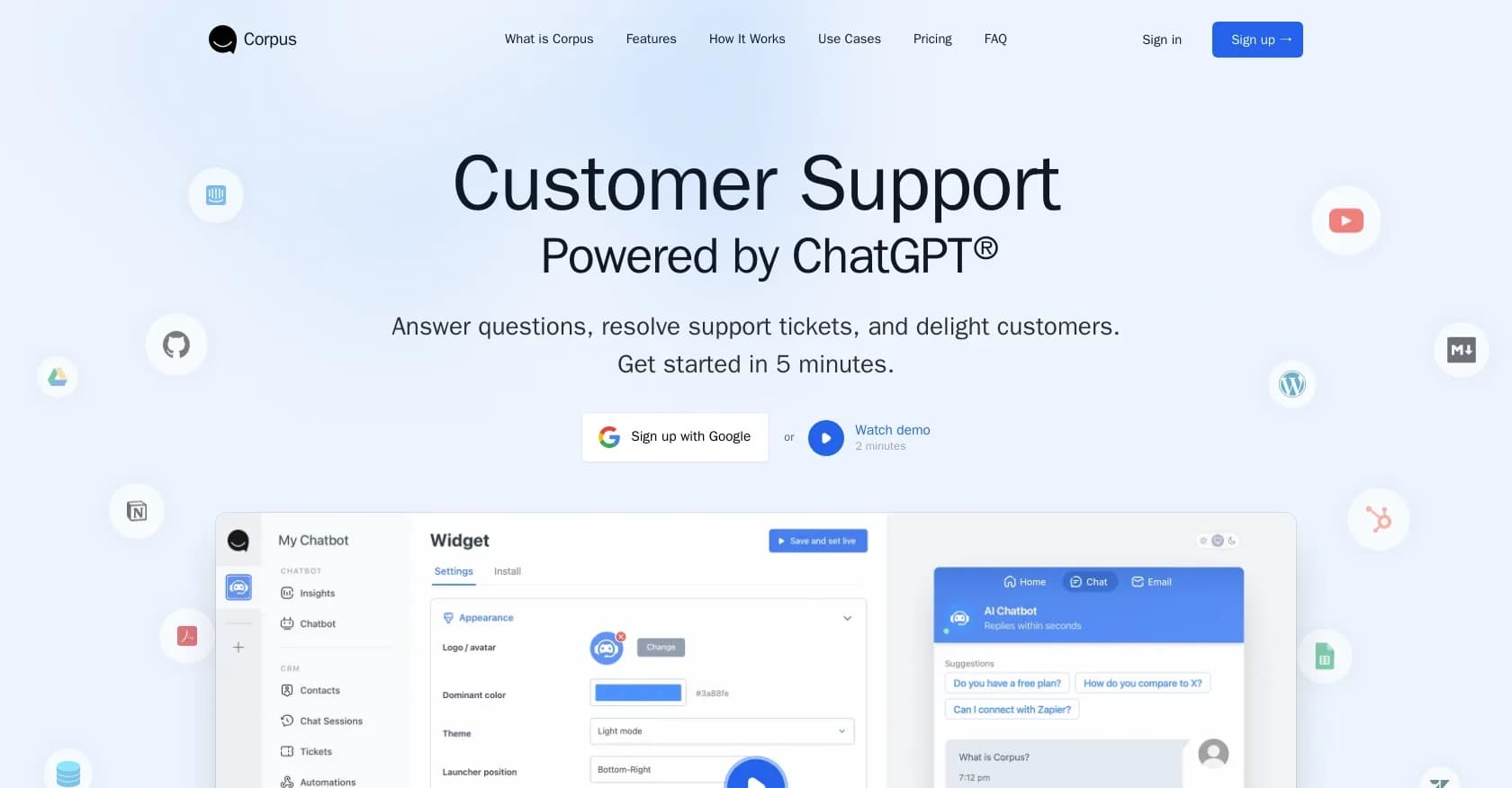 Corpus homepage screenshot — AI chatbot resolves support tickets instantly