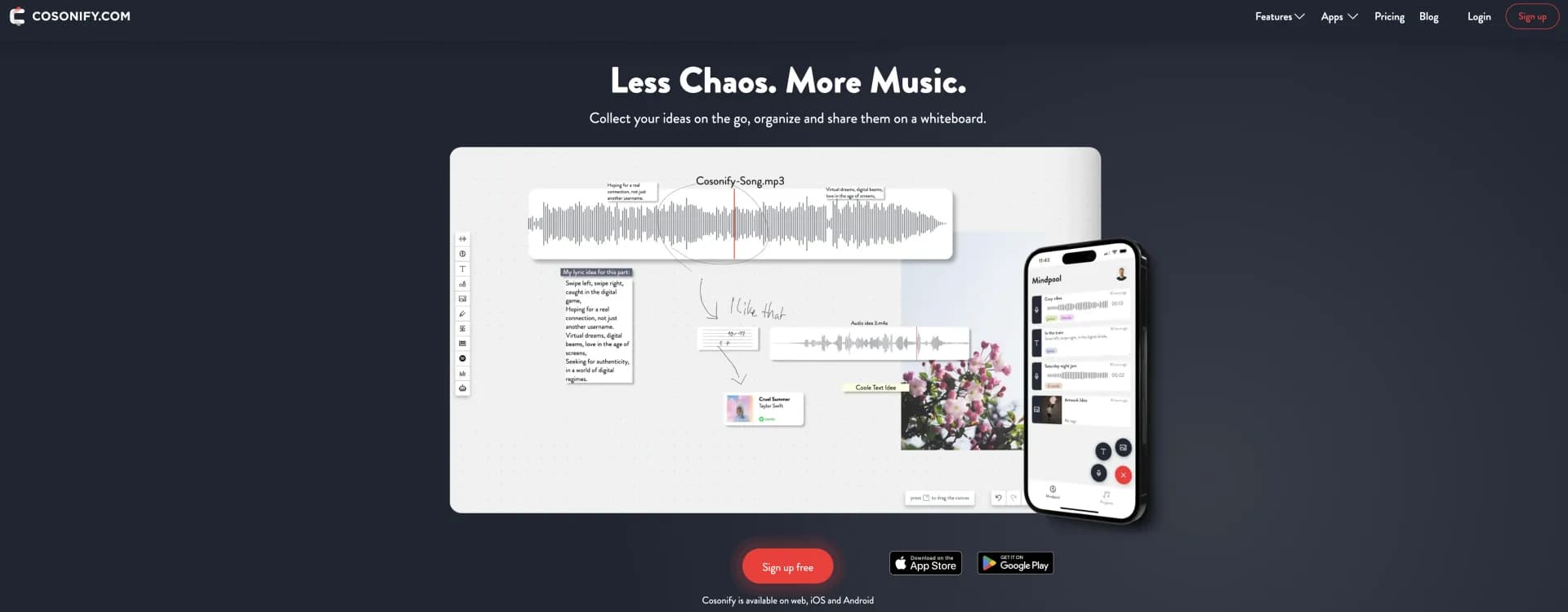 Cosonify homepage screenshot — Find and develop song ideas together, everywhere.