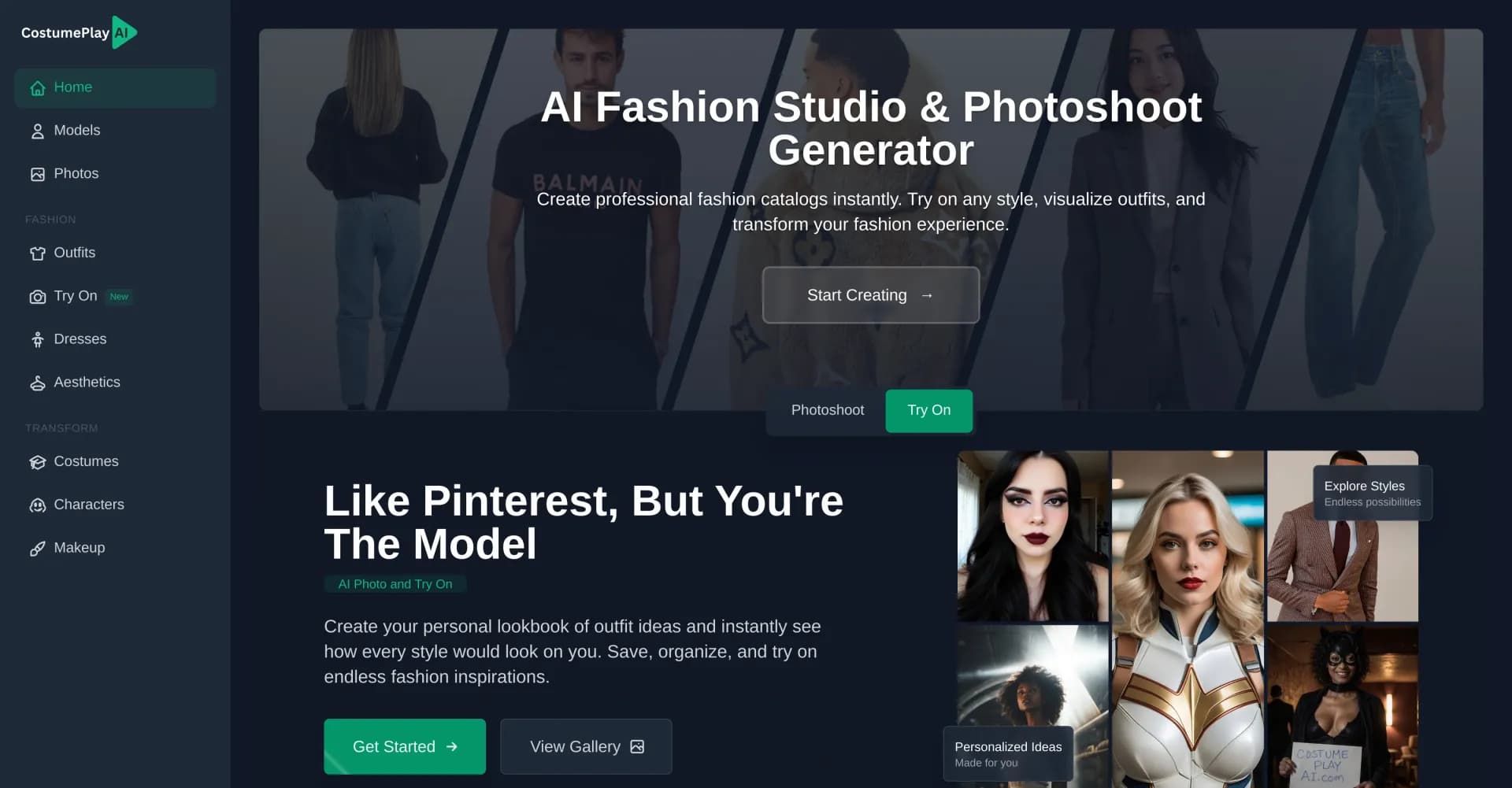 CostumePlay AI homepage screenshot — AI-powered virtual fashion studio and stylist