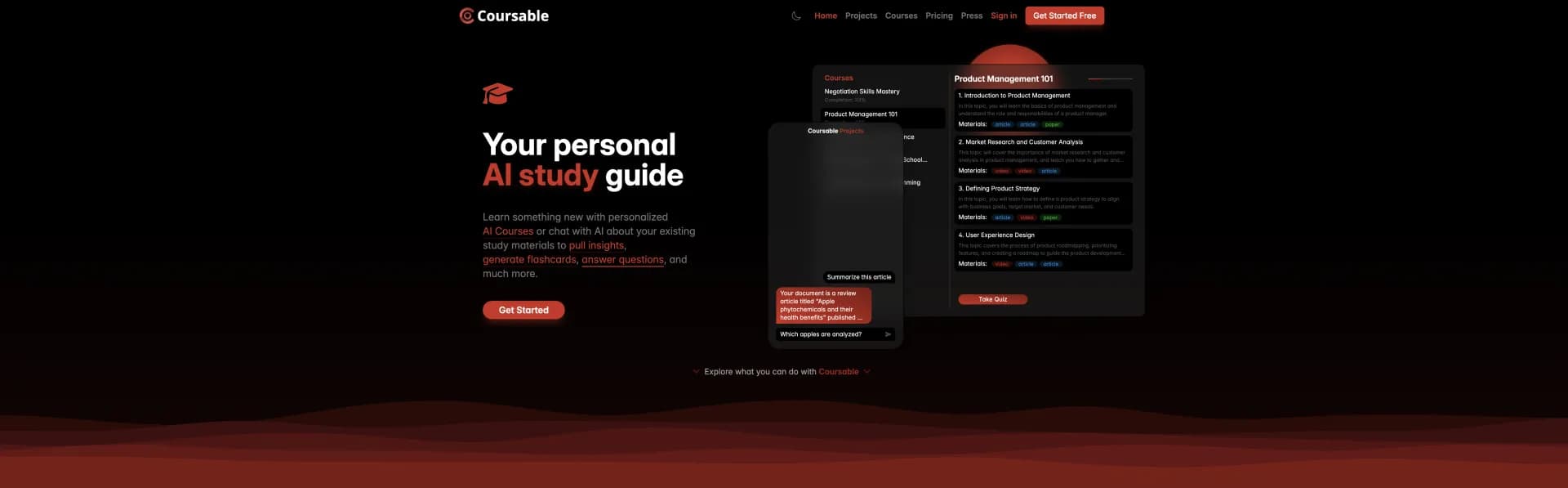Coursable homepage screenshot — Customizes learning with personalized study guides.