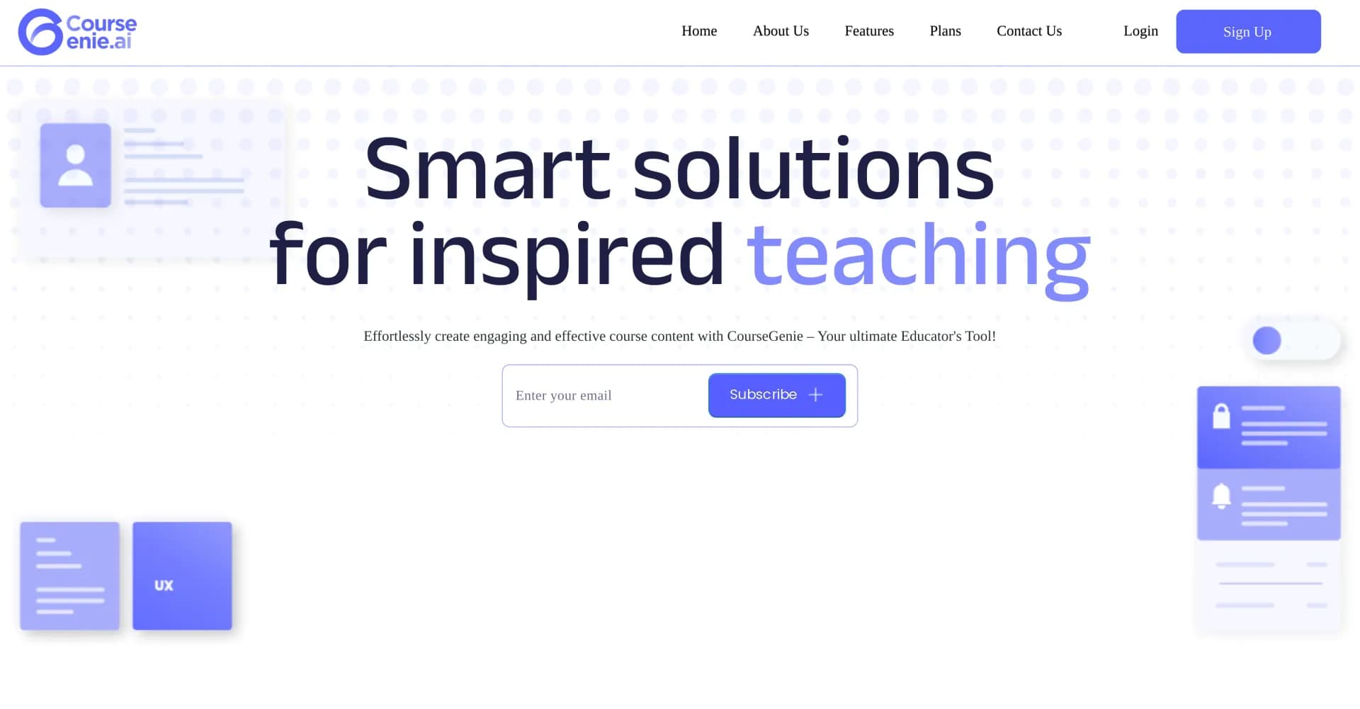 CourseGenie homepage screenshot — AI-powered course content creation for educators.