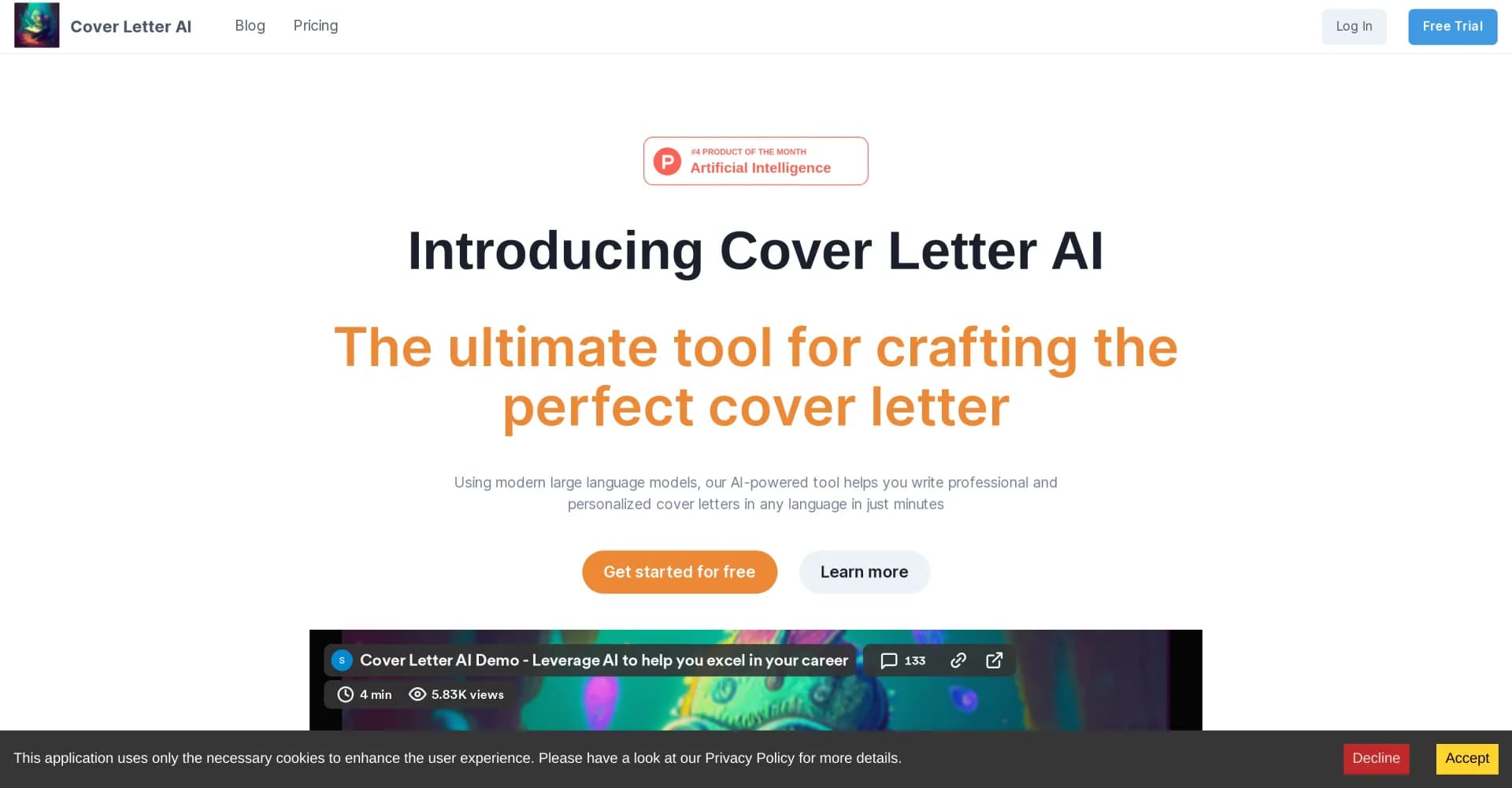 Cover Letter AI homepage screenshot — Craft perfect cover letters with AI in minutes.
