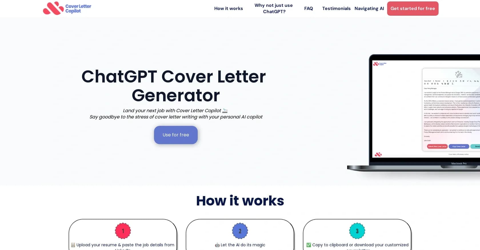 Cover Letter Copilot homepage screenshot — Generate AI cover letters in 60 seconds.