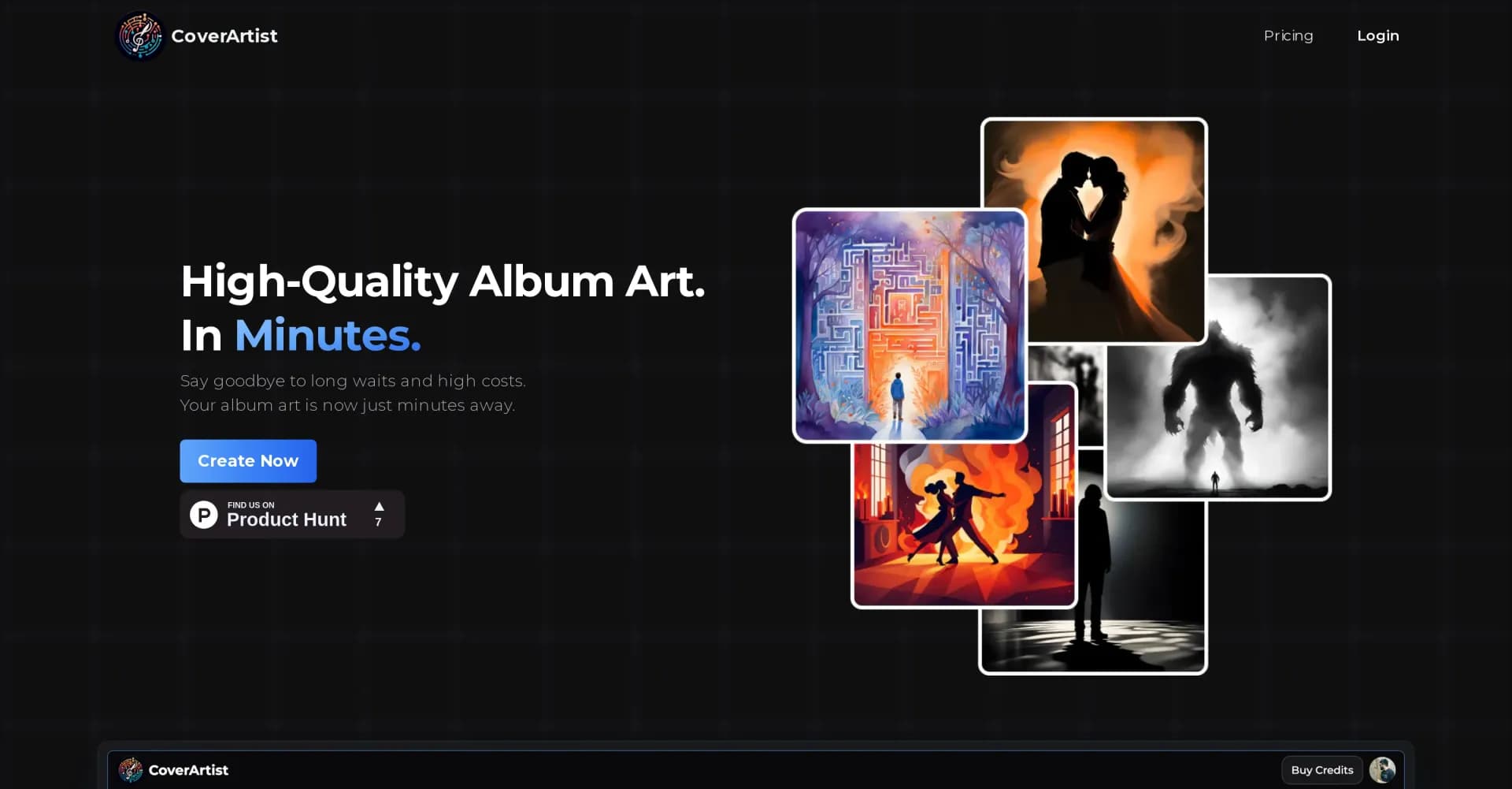 CoverArtist homepage screenshot — Create high-quality album art in minutes.