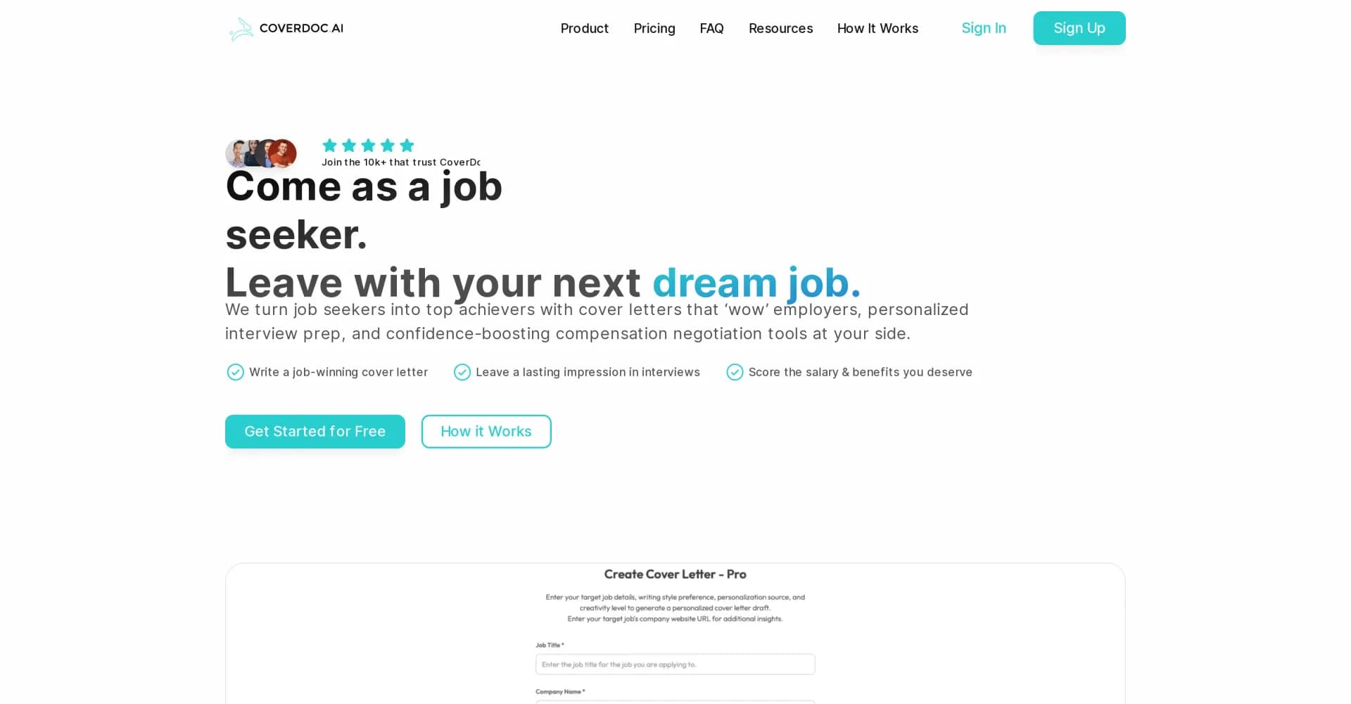 CoverDoc.ai homepage screenshot — AI-powered job seeker's secret weapon
