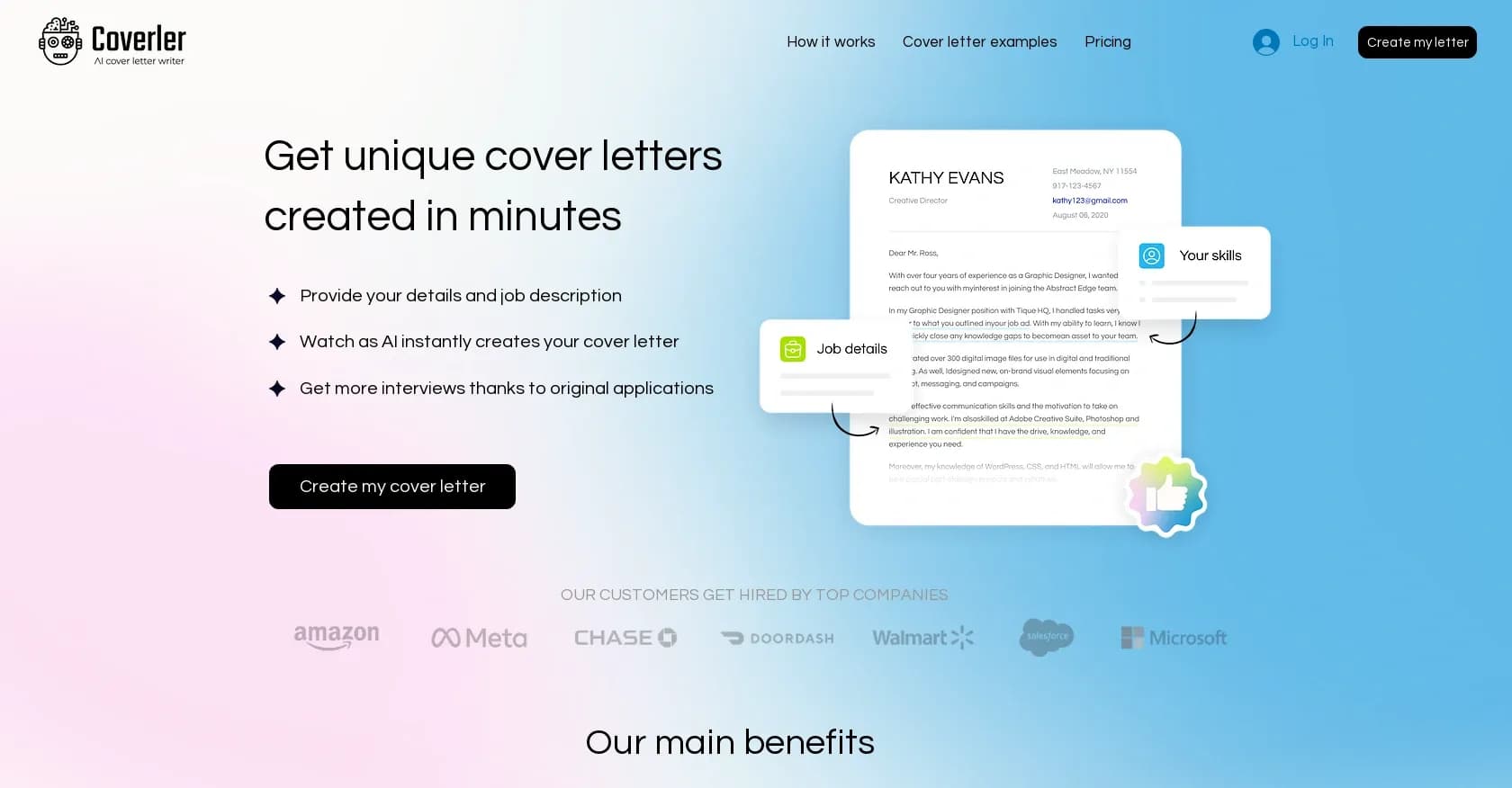 Coverler homepage screenshot — Get unique cover letters created in minutes