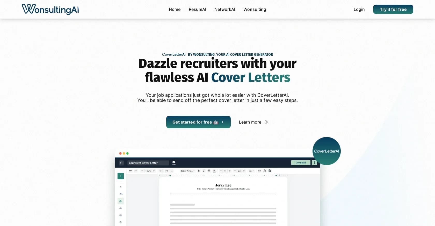 CoverletterAI by Wonsulting homepage screenshot — Automate perfect cover letters with AI