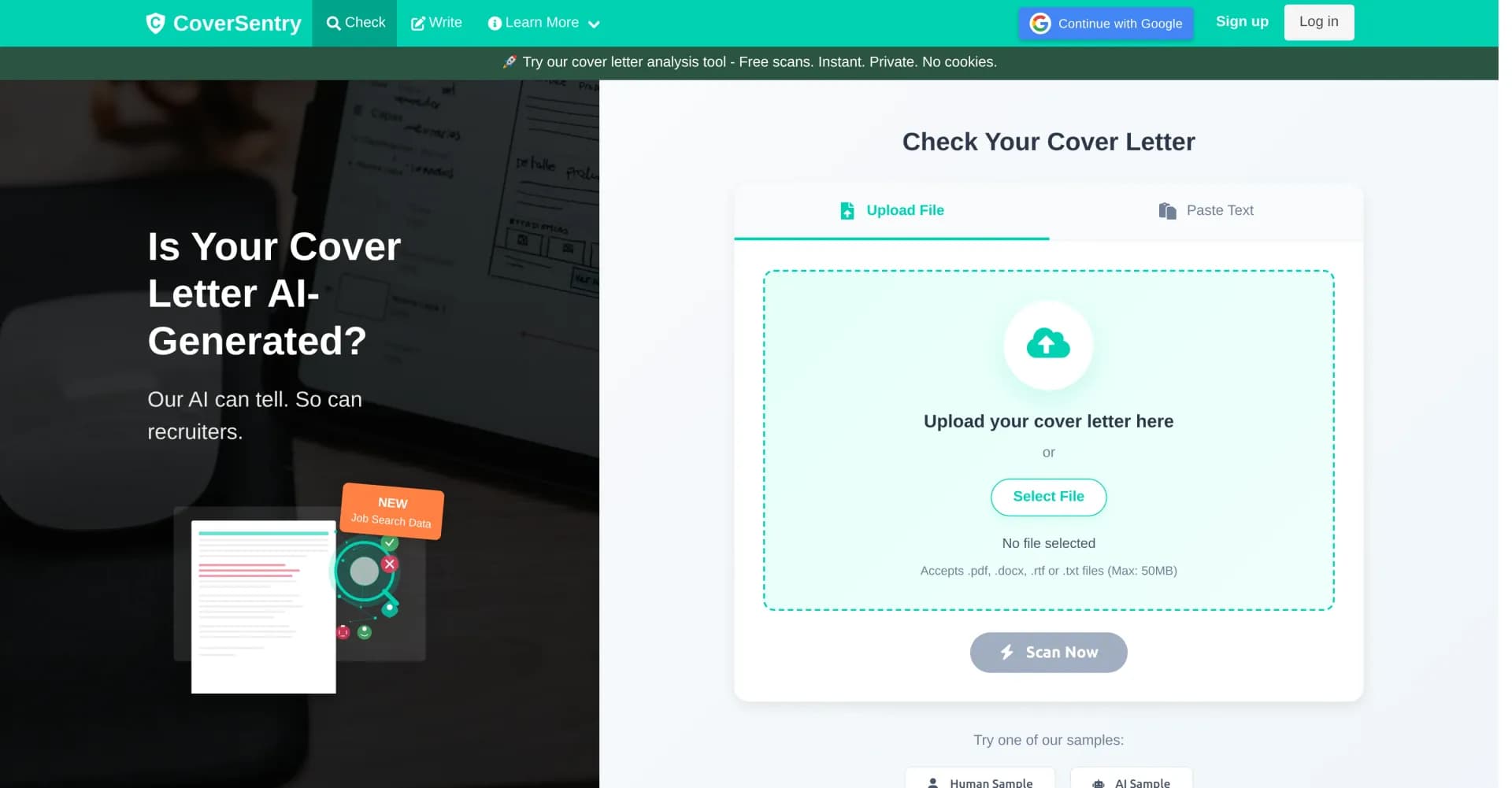 CoverSentry homepage screenshot — AI-proof your cover letter instantly