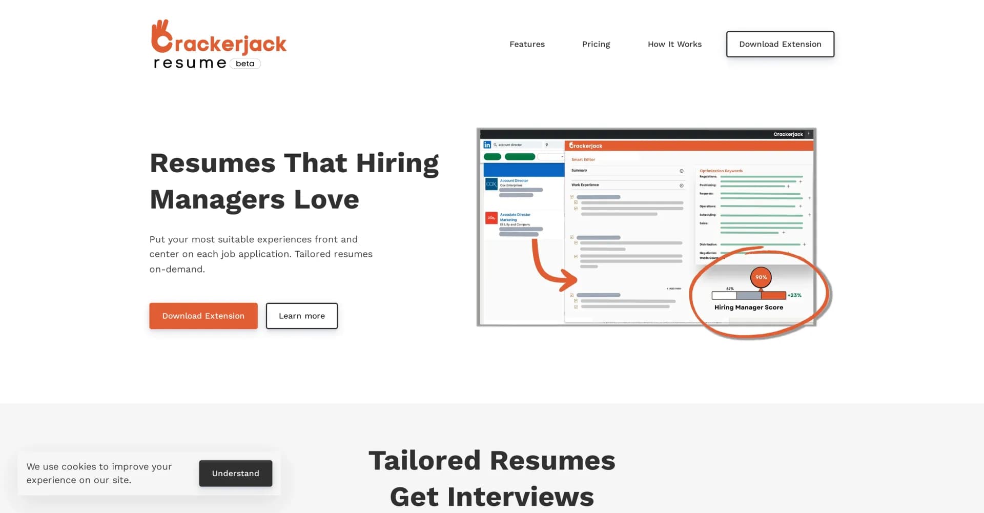 Crackerjack Resume homepage screenshot — Tailor your resume to land your dream job.