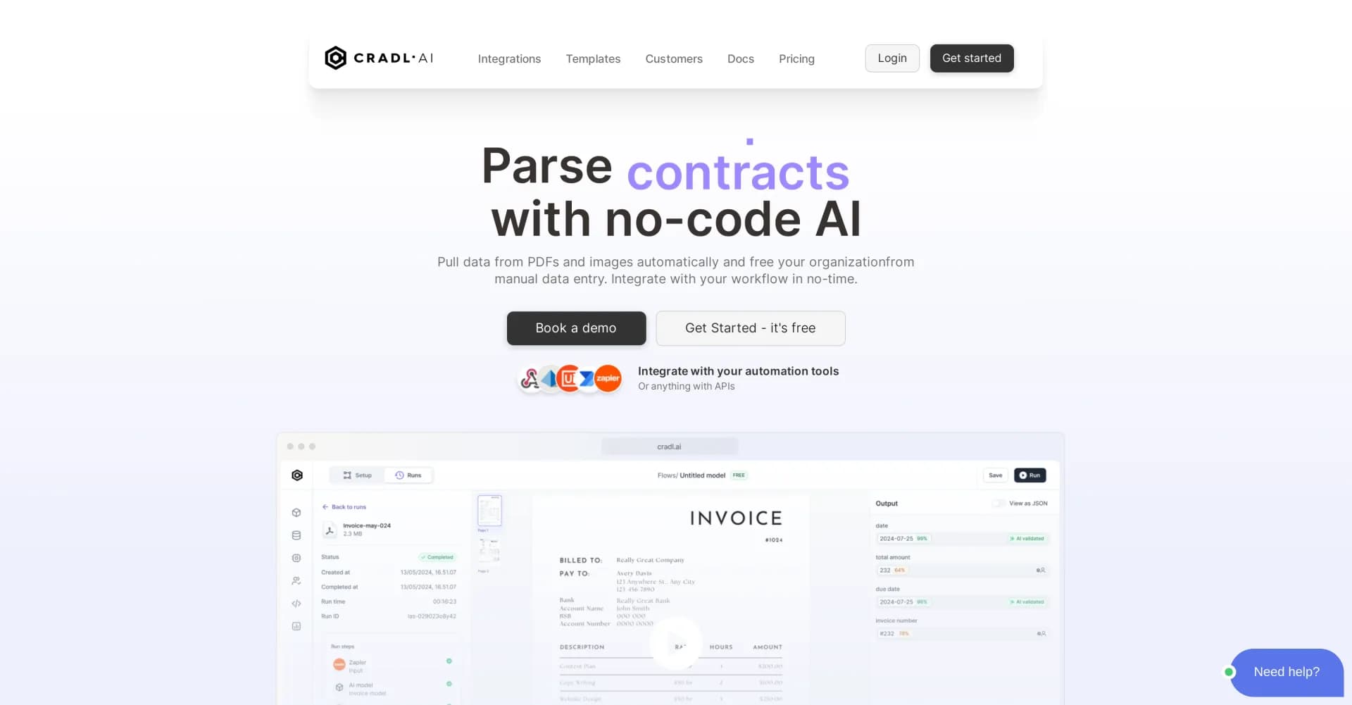 Cradl homepage screenshot — Automate document workflows with AI.