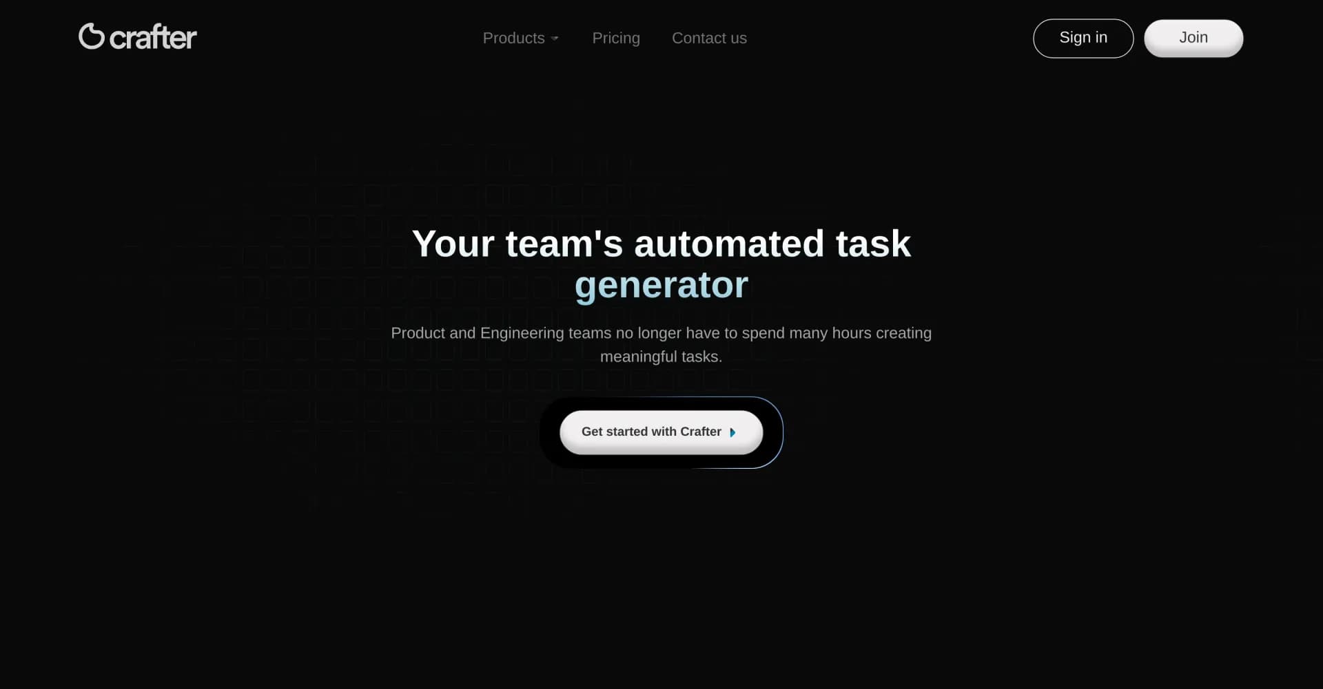 Crafter homepage screenshot — AI-powered task creation for efficient teams